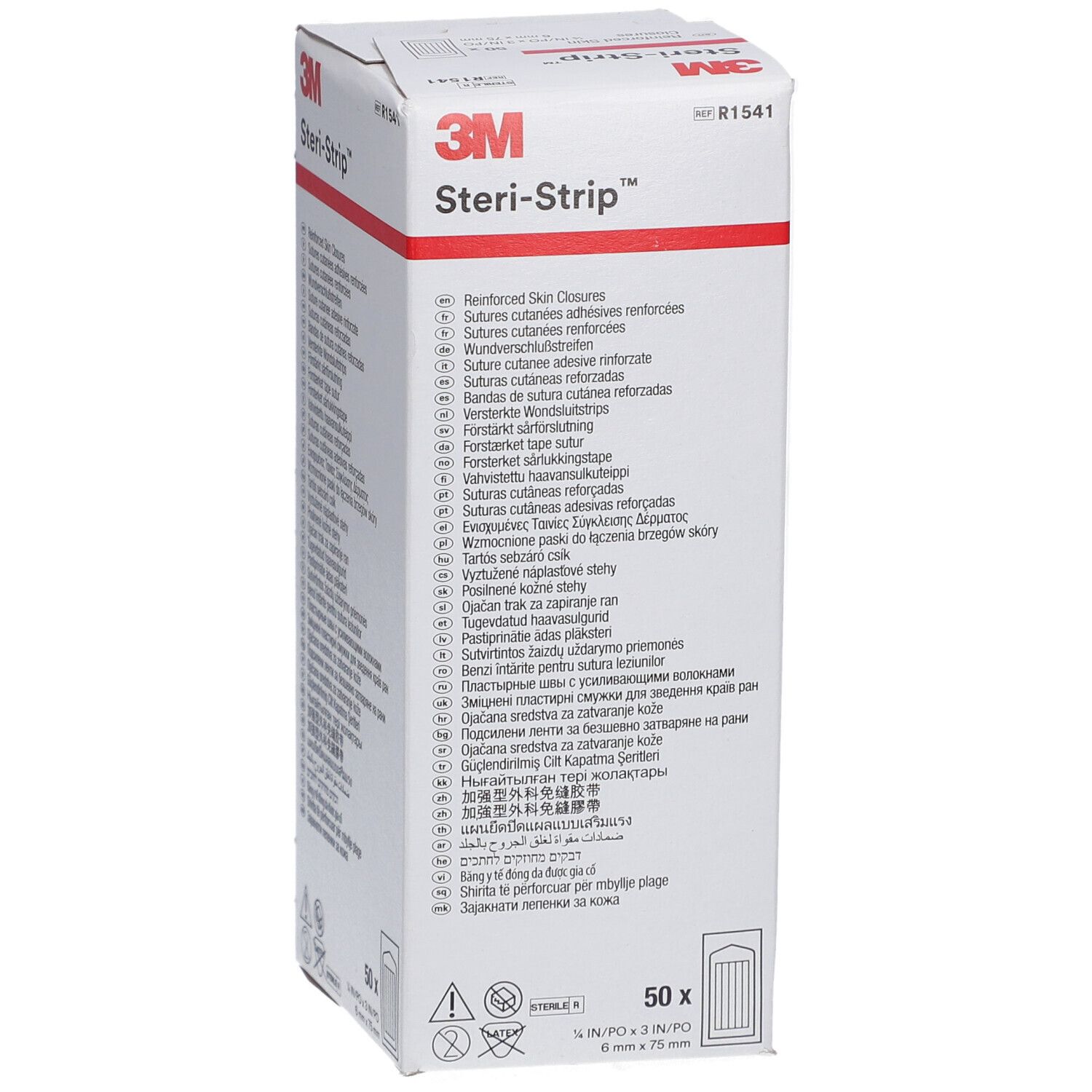 Verpackung von 3M Steri-Strip. Aufschrift: 3M Steri-Strip, 50 Stück, 6 mm x 75 mm. Mehrsprachige Produktbeschreibungen.
