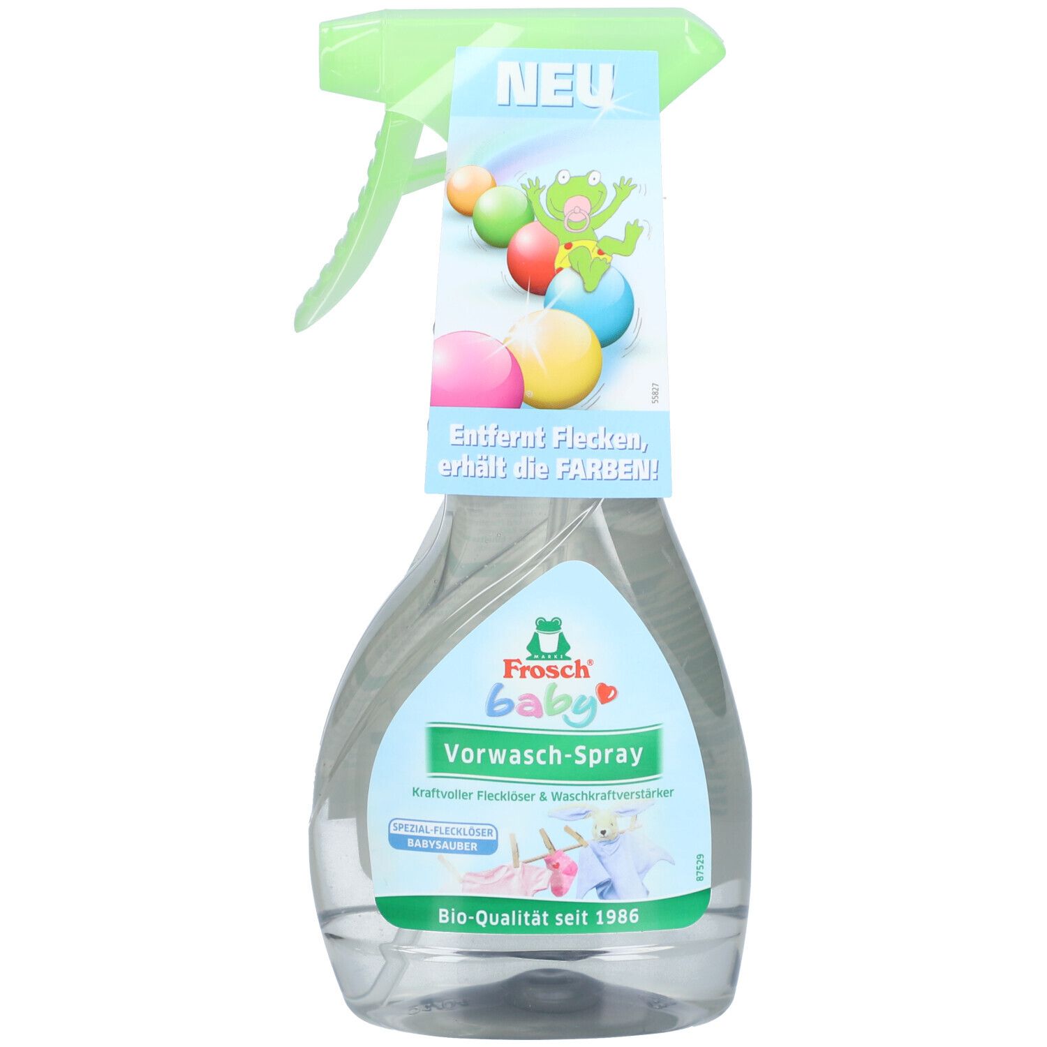 Frosch Baby détachant. Bouteille transparente avec pulvérisateur vert. Étiquette avec logo, texte et balles colorées.