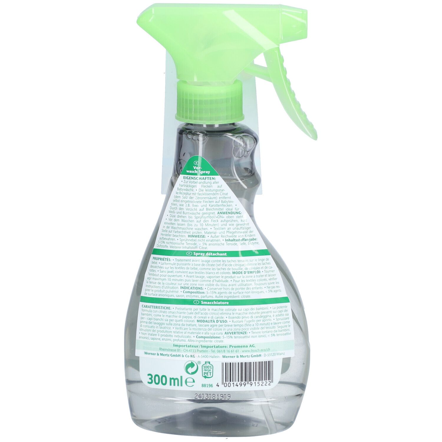 Vue arrière du flacon de détachant Frosch Baby. Bouteille transparente avec pulvérisateur vert. Étiquette avec texte.
