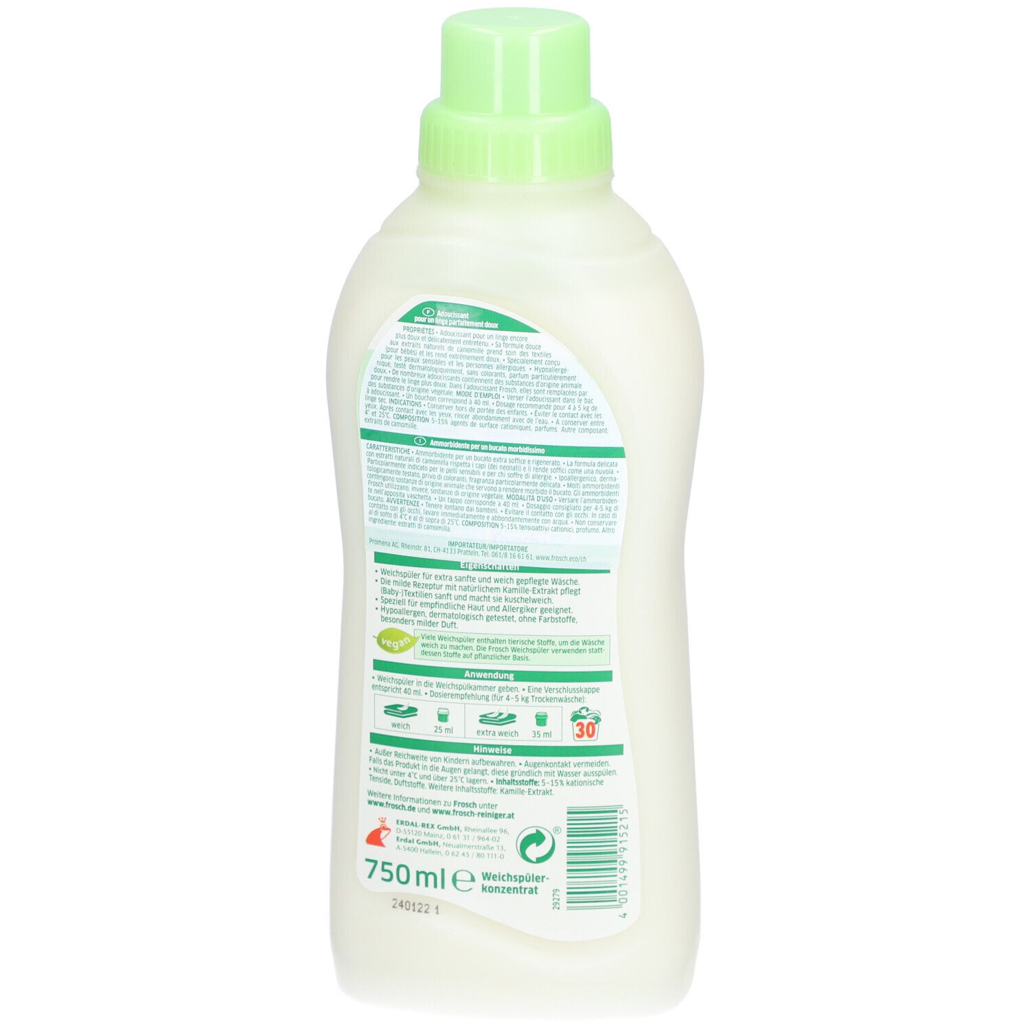 Rückseite der Flasche FROSCH Baby Weichspüler. Textinformationen und Symbole. 750 ml.
