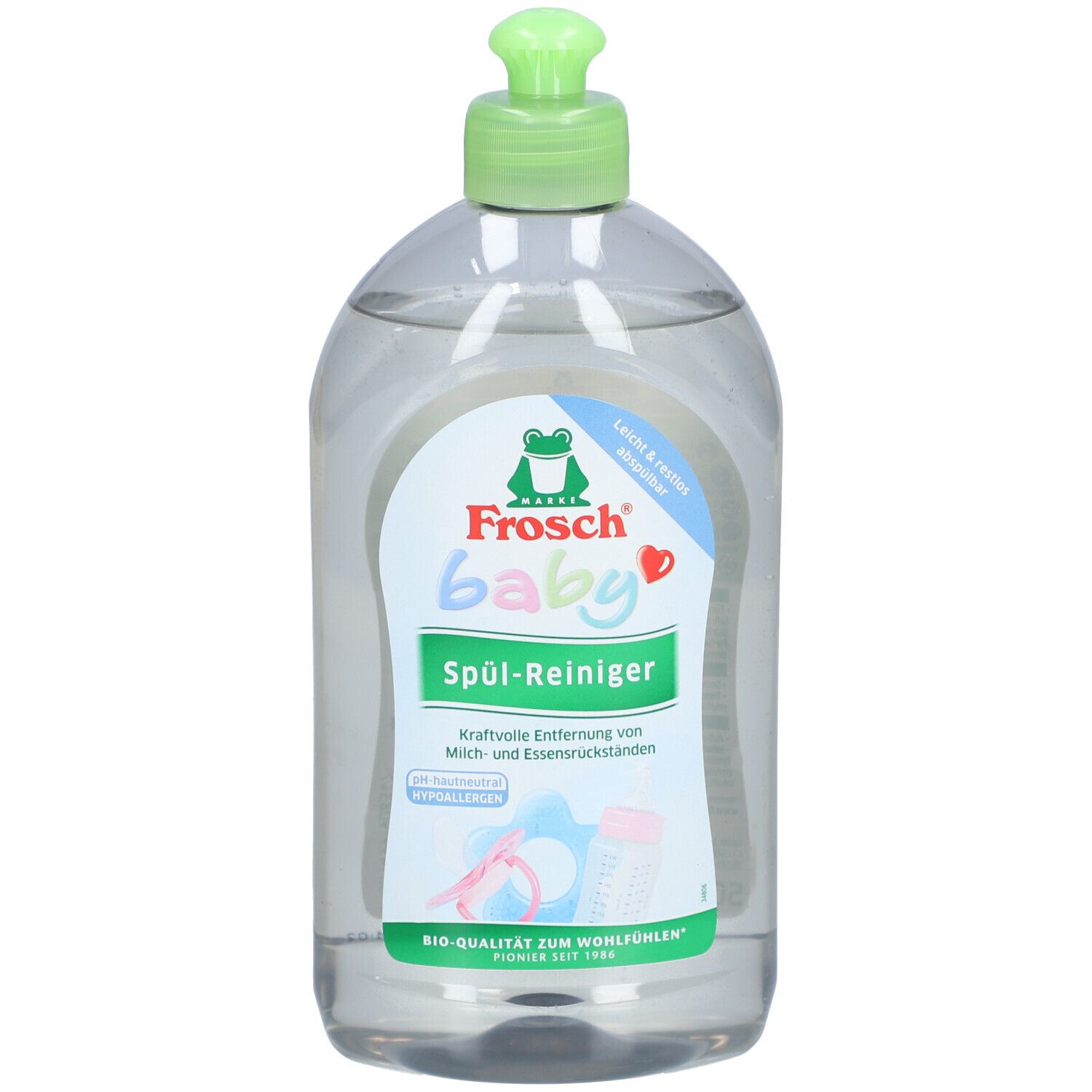 Frosch baby Spül-Reiniger Flasche. Grüner Deckel, transparente Flüssigkeit. Etikett mit Frosch-Logo und Produktbezeichnung.