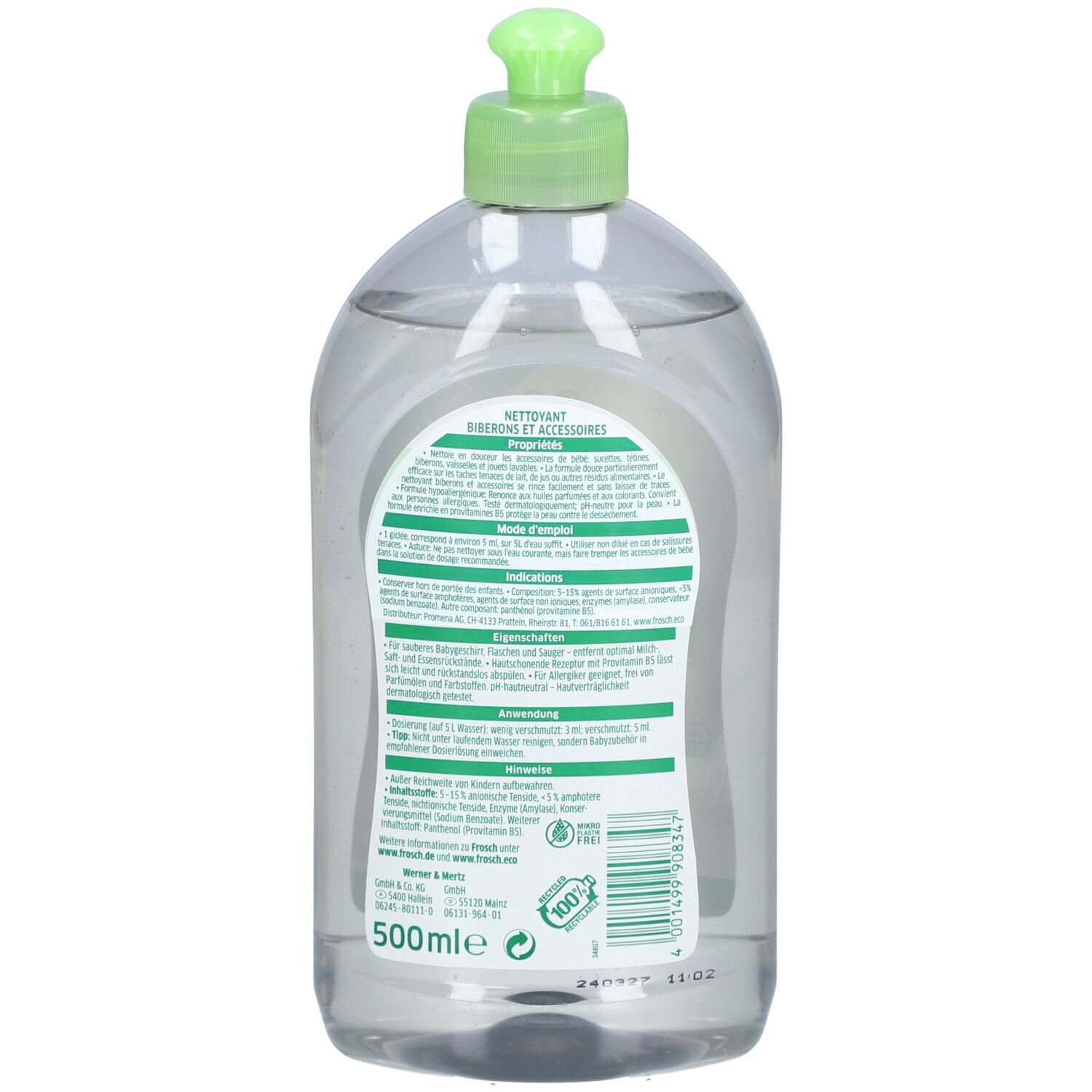 Rückseite der Frosch baby Spül-Reiniger Flasche. Etikett mit Produktinformationen, grüner Hintergrund, Barcode und Logo.