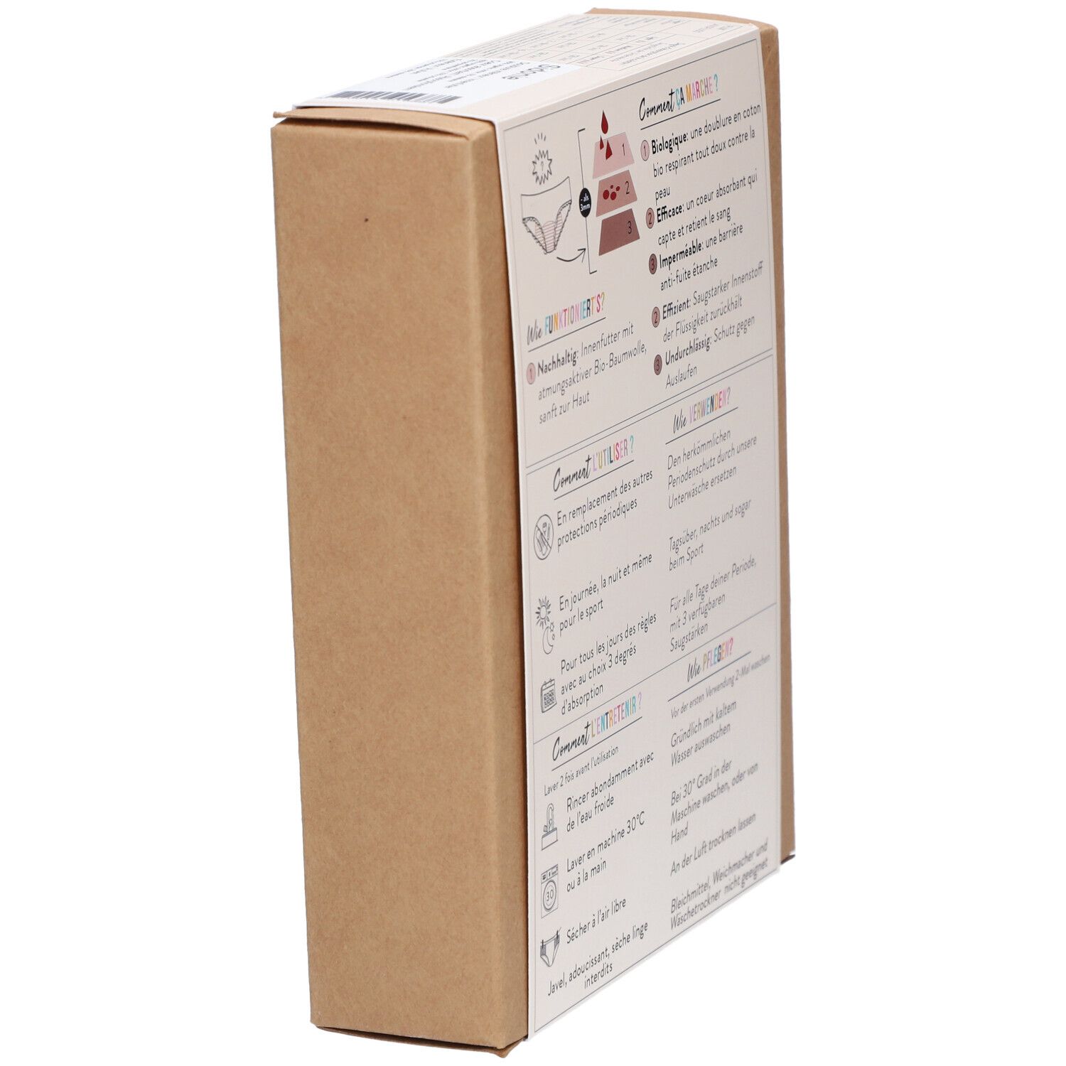 Seitenansicht der Verpackung. Rückseite mit Diagramm zur Funktionsweise der Periodenunterwäsche. Anweisungen in Deutsch.
