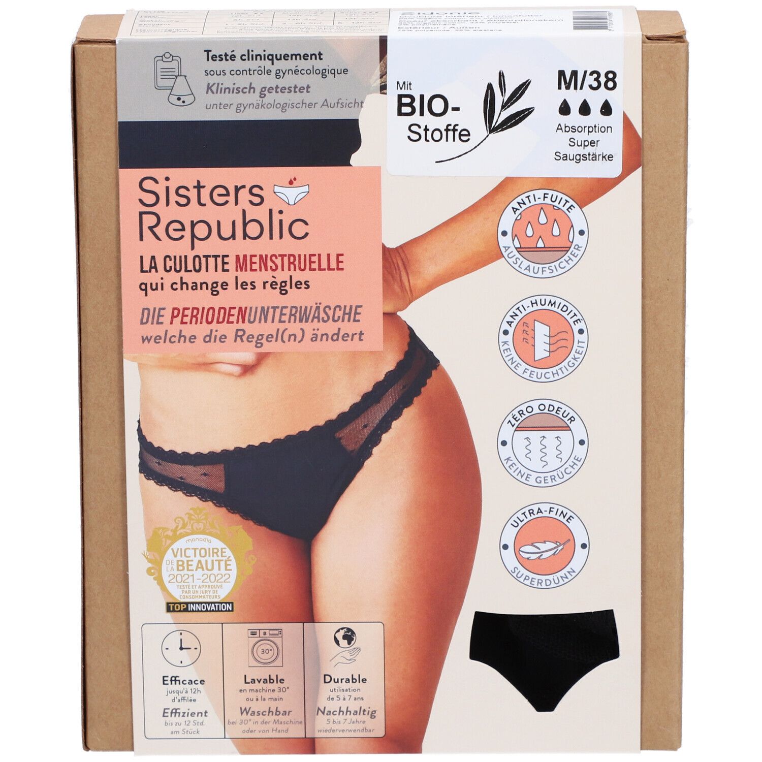 Verpackung der Periodenunterwäsche. Schwarze Culotte, Größe M/38. Aufdrucke: Bio-Stoffe, Anti-Auslaufen, Anti-Feuchtigkeit, Zero-Geruch.