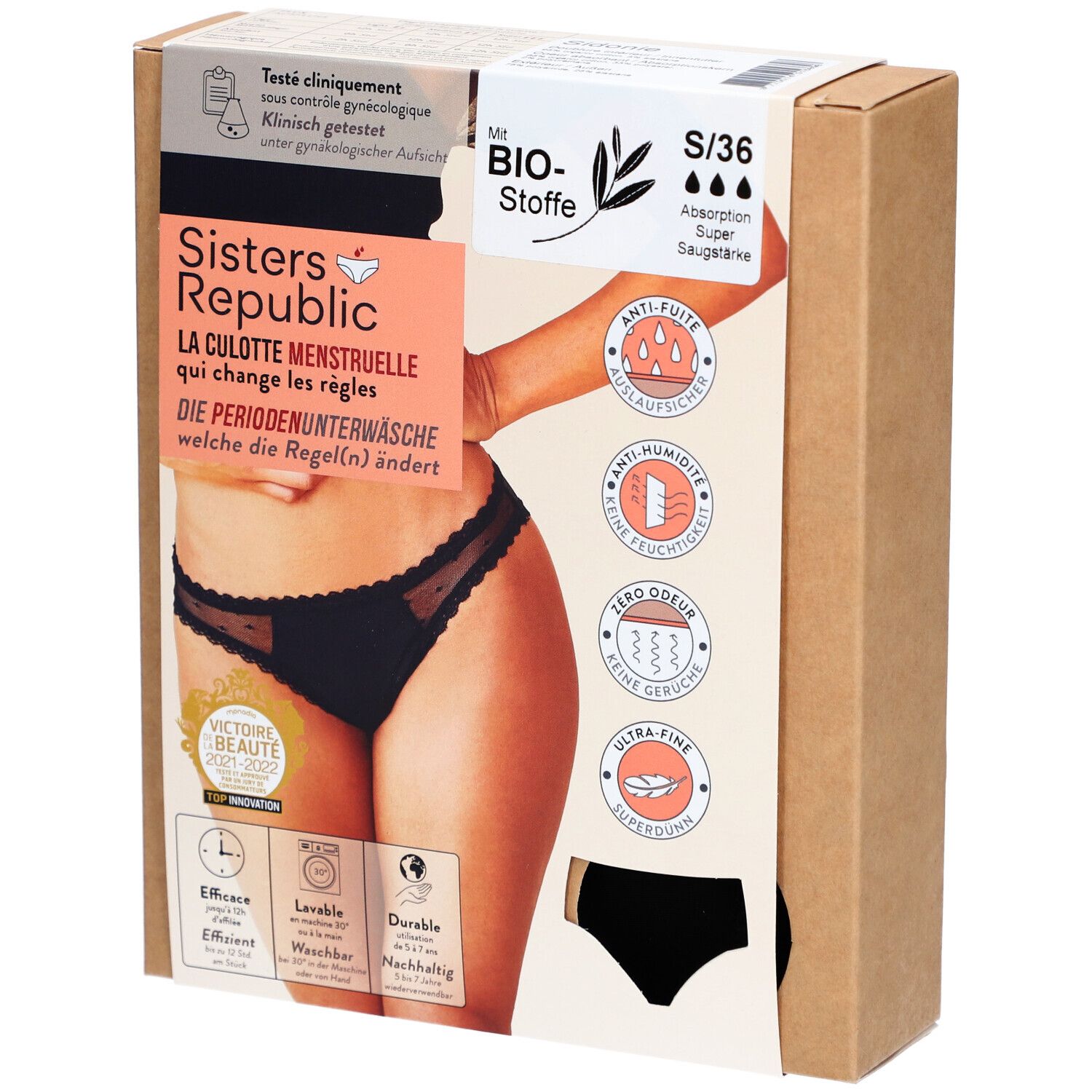 Verpackung der Sisters Republic Menstruationsunterwäsche. Schwarzer Slip, Größe S/36. Aufdrucke: Bio-Stoffe, Saugstärke Super.