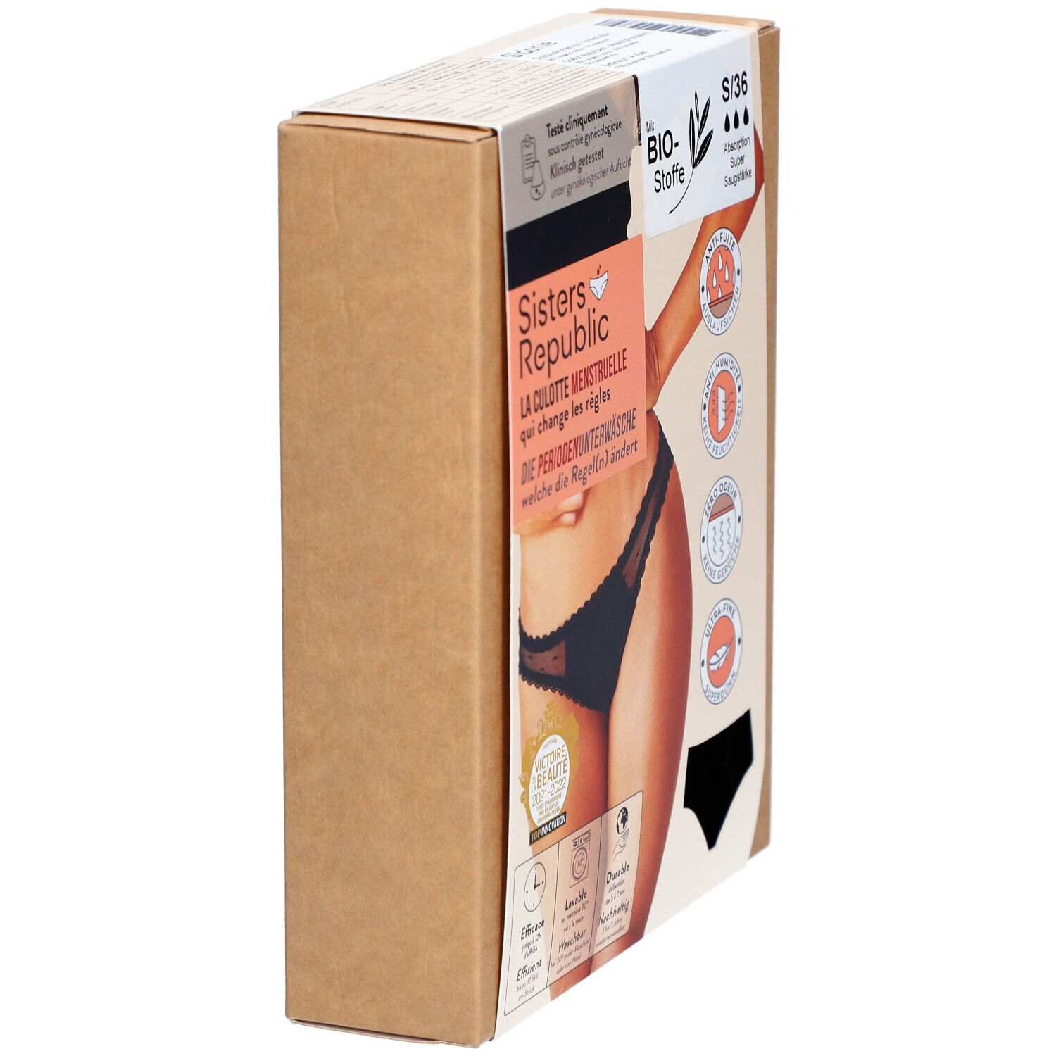 Seitenansicht der Verpackung der Sisters Republic Menstruationsunterwäsche. Braune Kartonverpackung mit Produktabbildung.