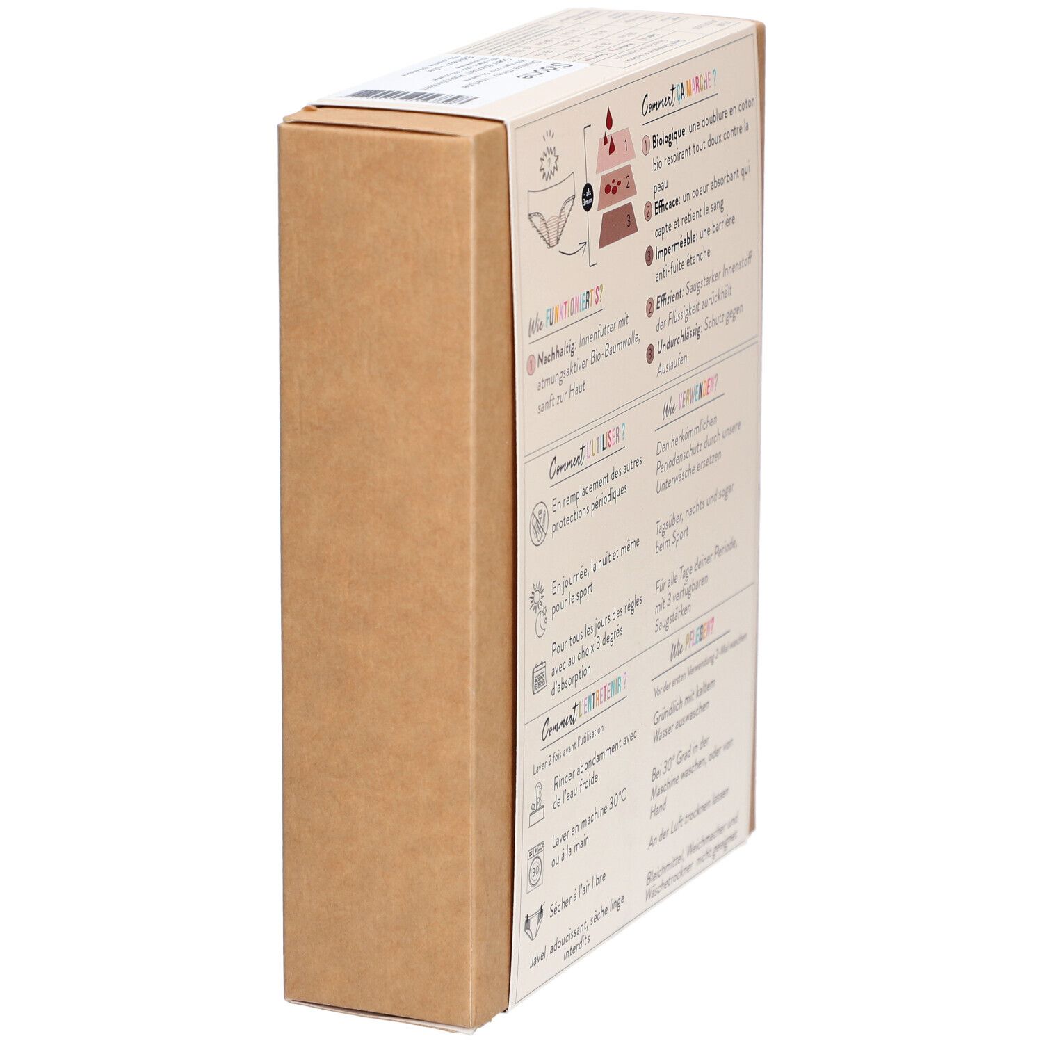 Seitenansicht der Verpackung der Sisters Republic Menstruationsunterwäsche. Informationen zur Anwendung und Pflege.