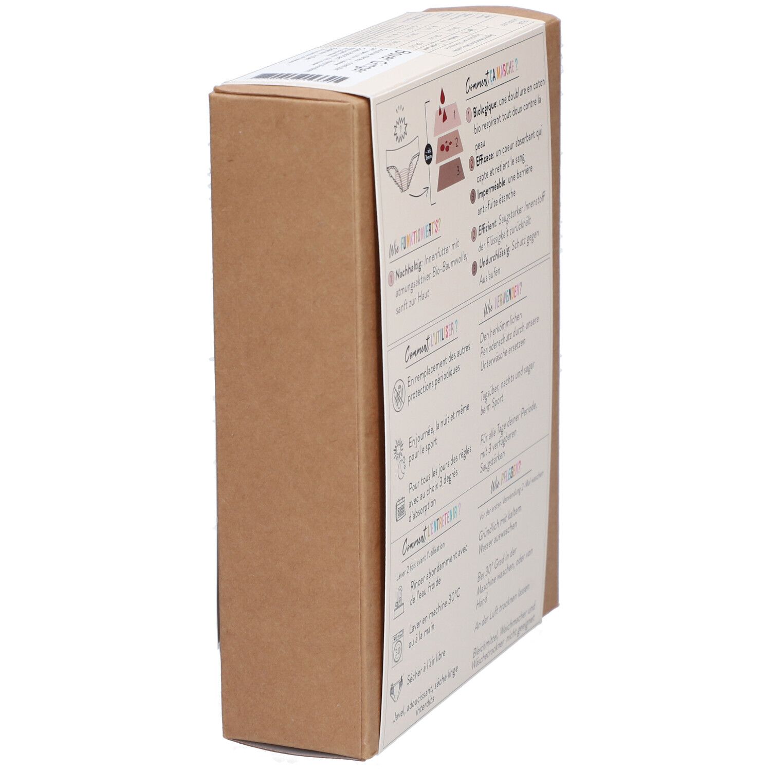 Vue latérale de l'emballage Boxer Ginger. Texte: Comment ça marche ?, Comment utiliser ?, Comment nettoyer ?, coton bio, absorbant.