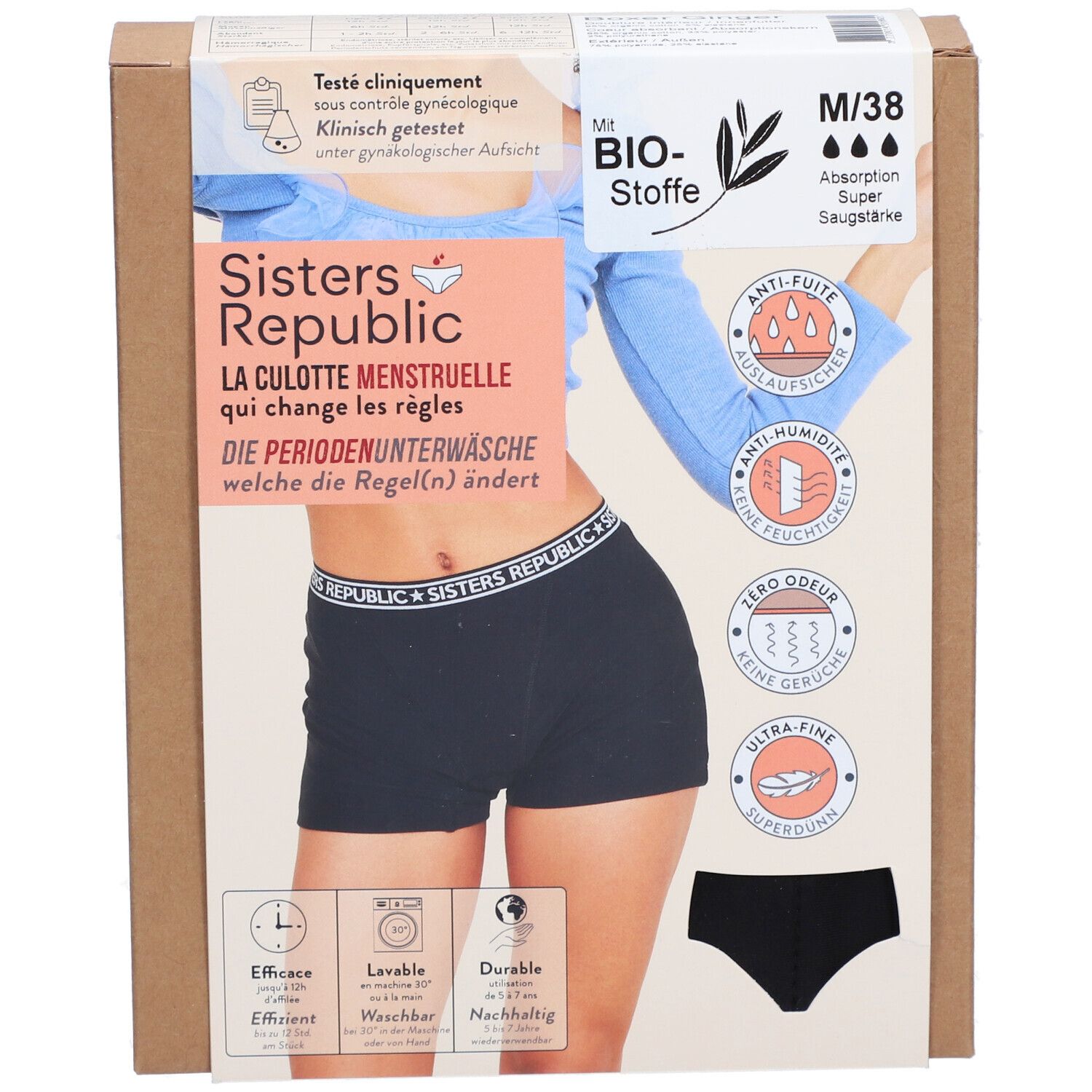 Boxer Ginger, slip menstruel M/38 Super. Culotte noire sur emballage. Texte: Sisters Republic, matières bio, anti-fuite.