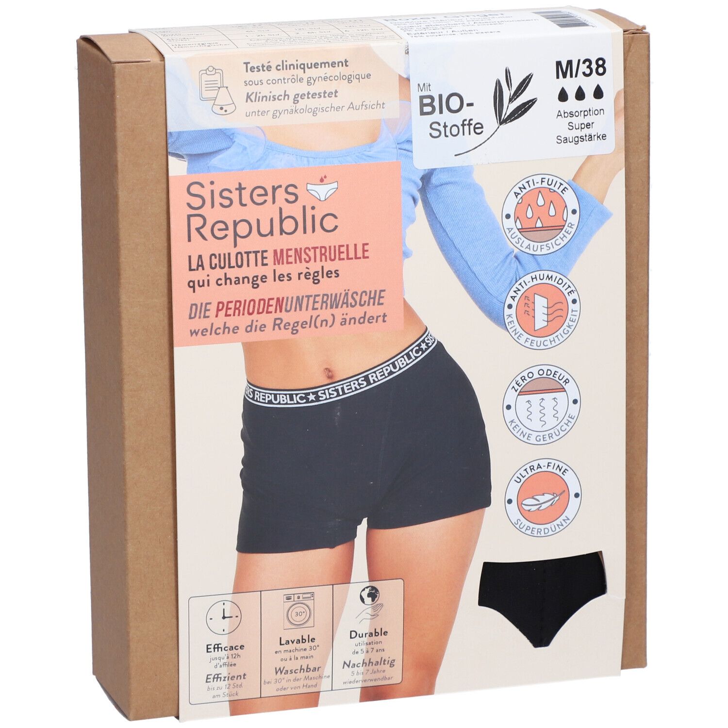 Boxer Ginger, slip menstruel M/38 Super. Culotte noire sur emballage. Texte: Sisters Republic, matières bio, anti-fuite.