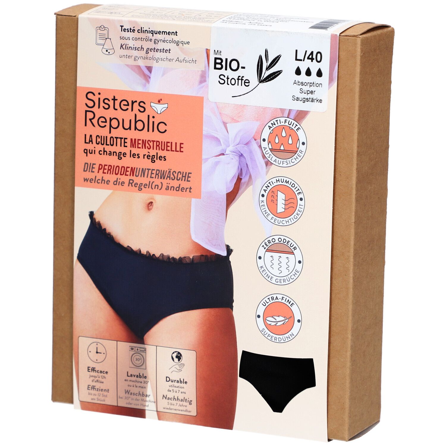 Boîte de culotte menstruelle noire, taille L/40, super absorption. Marque: Sisters Republic. Texte: La culotte menstruelle qui change les règles.