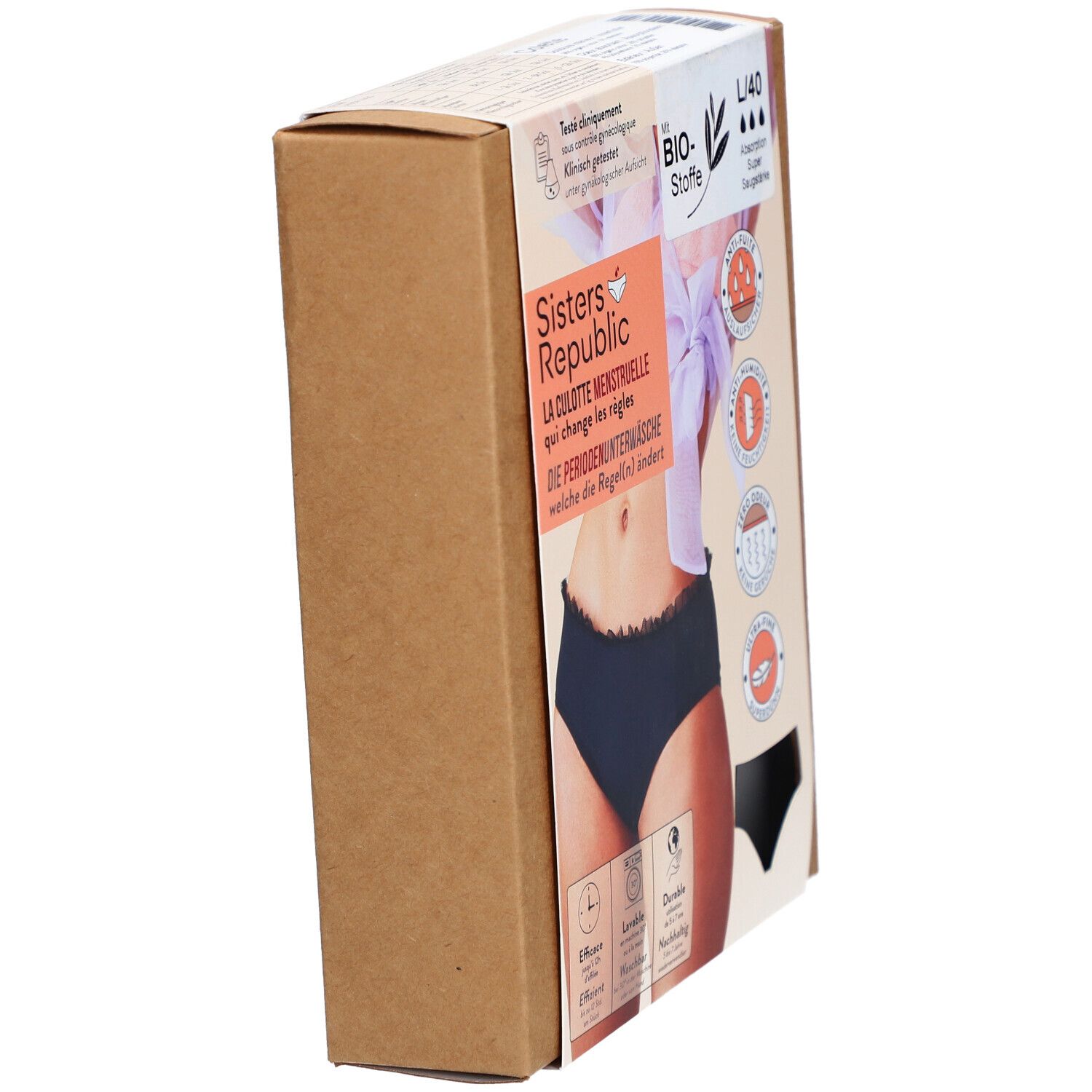 Vue latérale de la boîte. Culotte menstruelle dans l'emballage. Marque: Sisters Republic. Texte: La culotte menstruelle qui change les règles.
