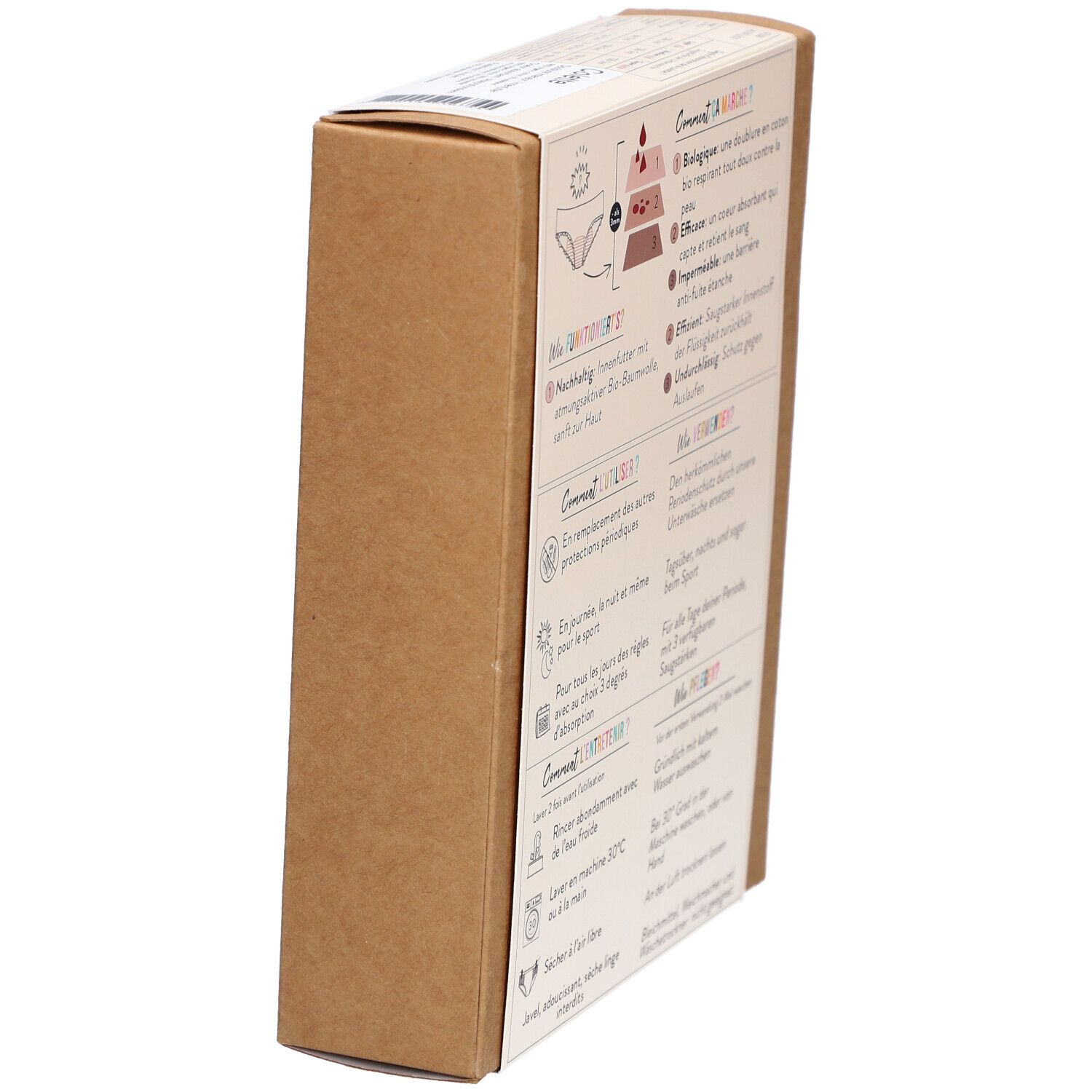 Vue latérale de la boîte. Texte et diagrammes sur le fonctionnement et l'utilisation des culottes menstruelles. Texte en allemand et français.