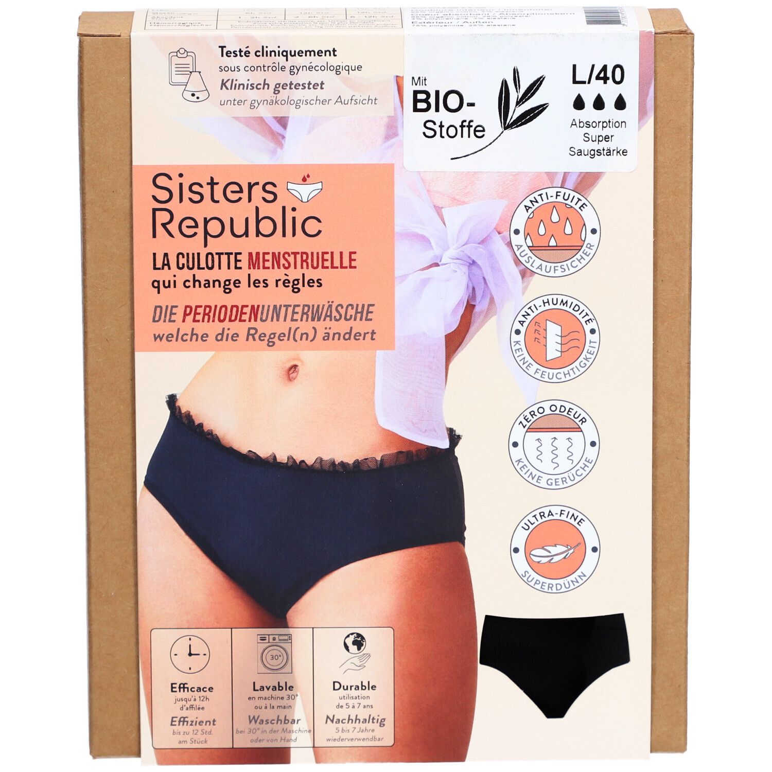 Boîte de culotte menstruelle noire, taille L/40, super absorption. Marque: Sisters Republic. Texte: La culotte menstruelle qui change les règles.