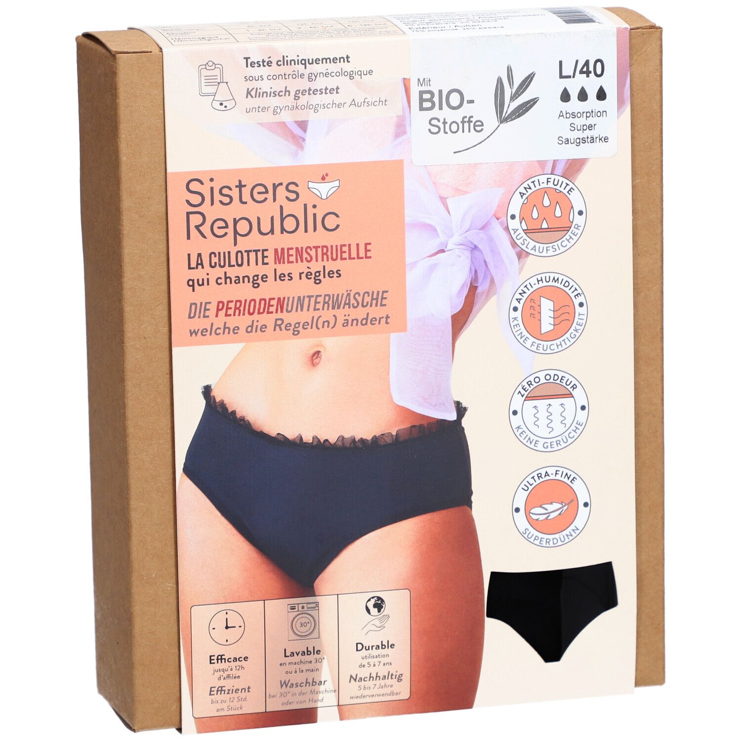 Boîte de culotte menstruelle noire, taille L/40, super absorption. Marque: Sisters Republic. Texte: La culotte menstruelle qui change les règles.