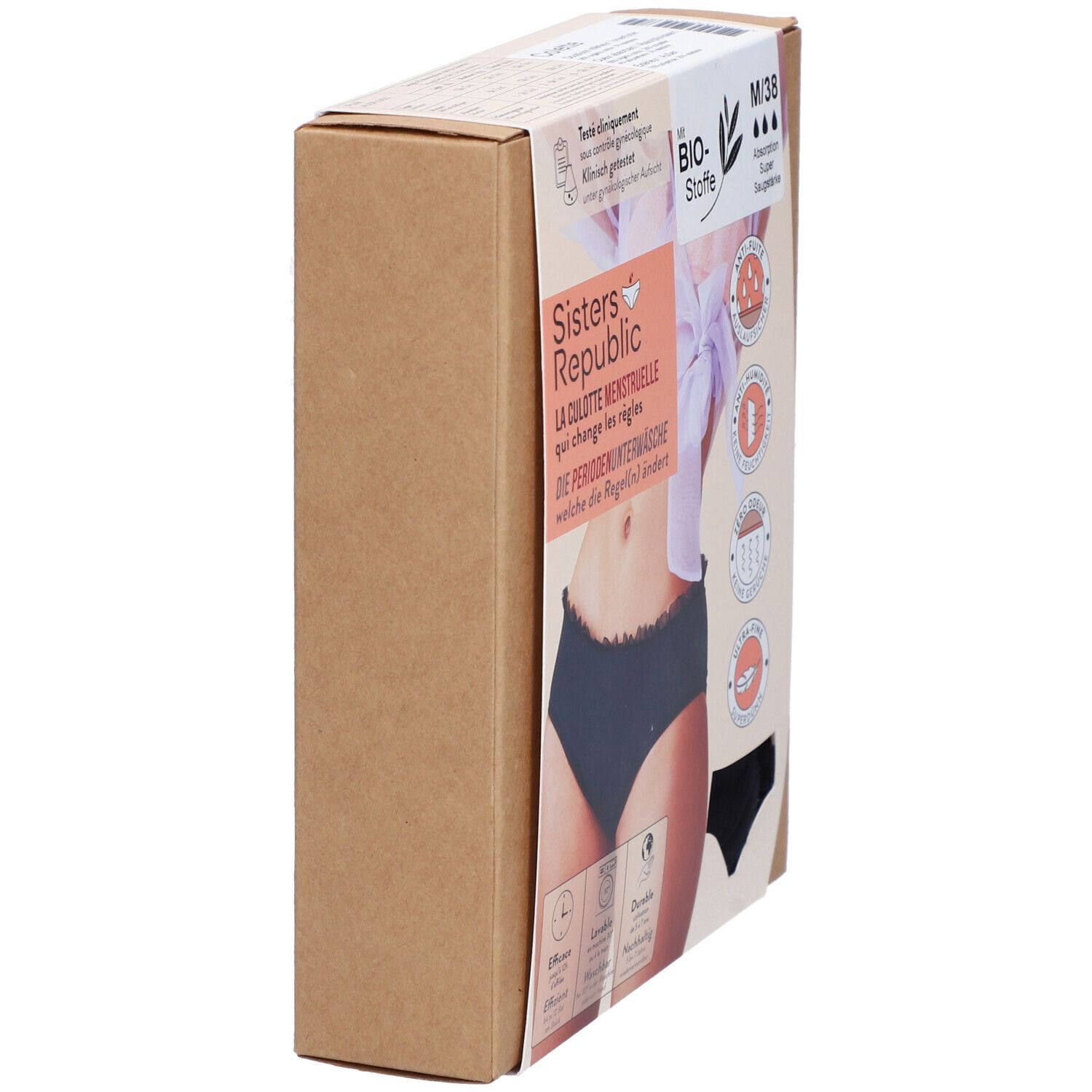 Seitenansicht der Verpackung der Culotte menstruelle M/38 Super von Sisters Republic. Braune Kartonage. Produktabbildung und Text.