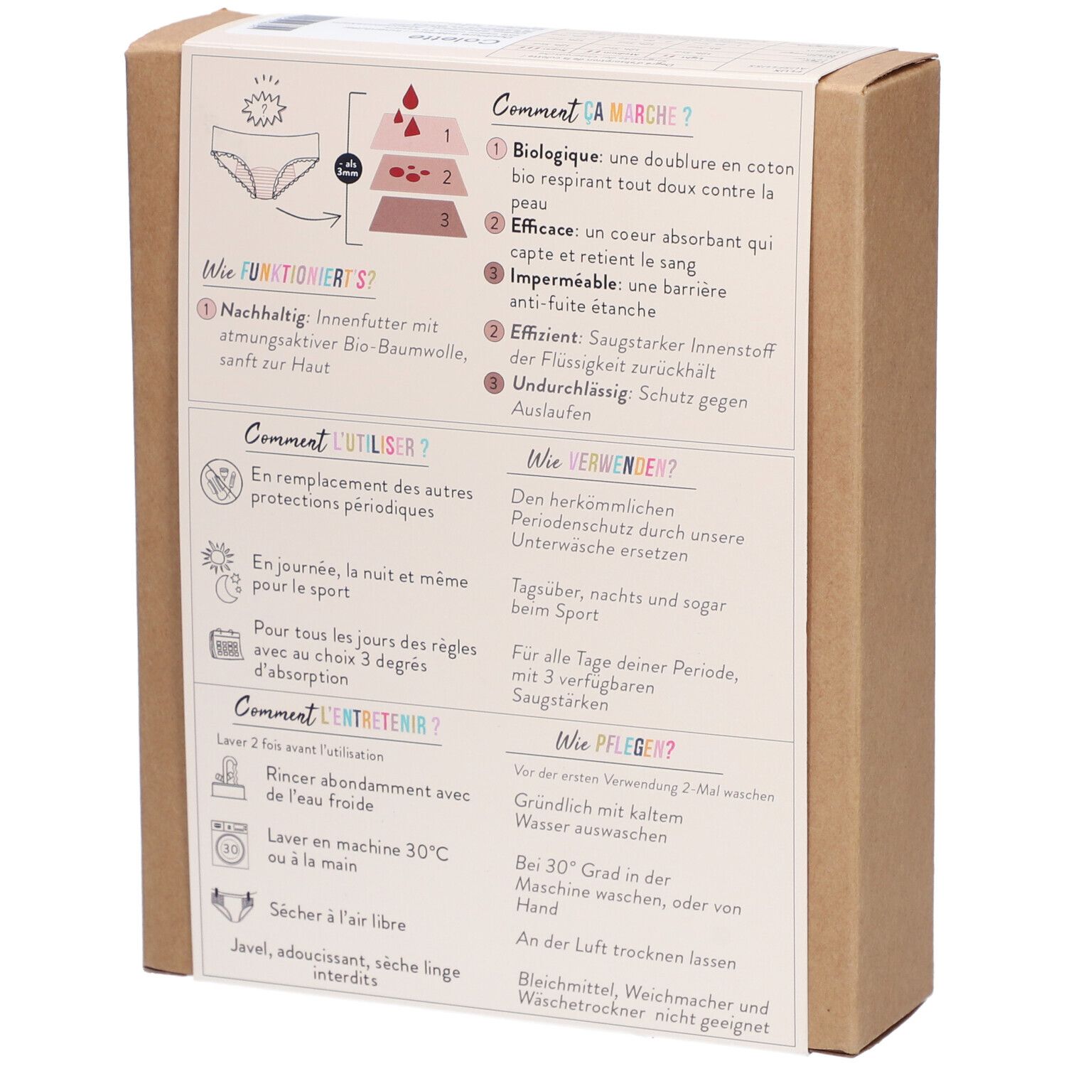 Rückseite der Verpackung der Culotte menstruelle M/38 Super von Sisters Republic. Text in Deutsch und Französisch. Illustrationen.