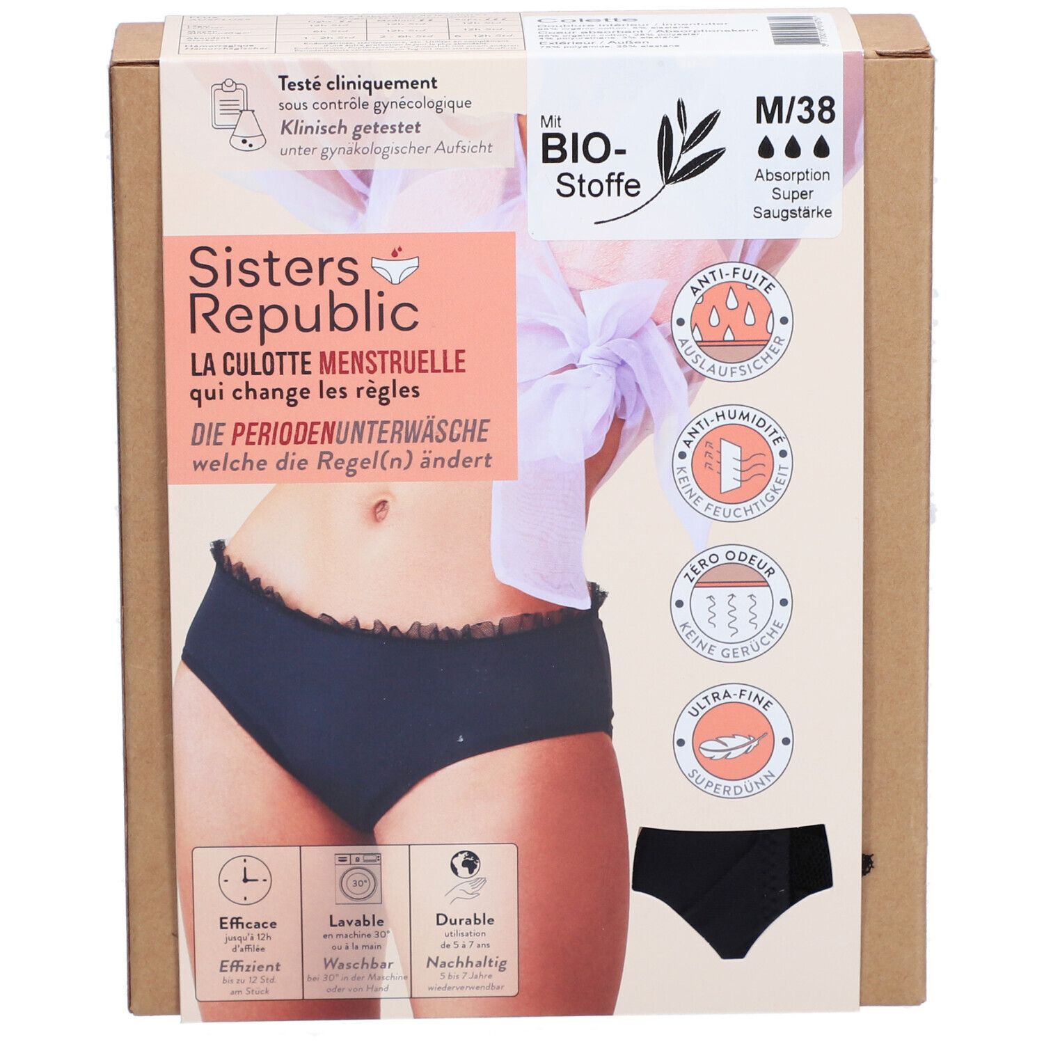 Verpackung der Culotte menstruelle M/38 Super von Sisters Republic. Schwarze Unterhose abgebildet. Text: Bio-Stoffe, Anti-Auslaufen, Anti-Feuchtigkeit.