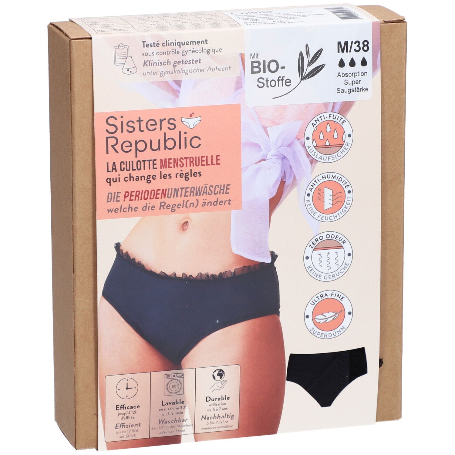 Verpackung der Culotte menstruelle M/38 Super von Sisters Republic. Schwarze Unterhose abgebildet. Text: Bio-Stoffe, Anti-Auslaufen, Anti-Feuchtigkeit.