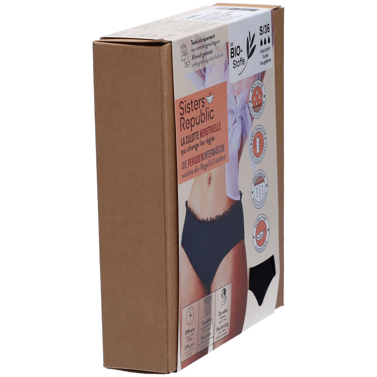 Emballage de la culotte menstruelle. Marque: Sisters Republic. Taille S/36. Indications: anti-fuite, respirant, sans odeur.