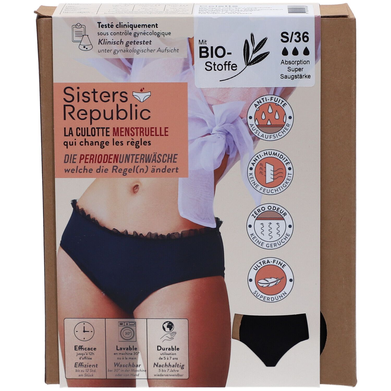 Culotte menstruelle noire dans son emballage. Marque: Sisters Republic. Taille S/36. Indications: anti-fuite, respirant, sans odeur.