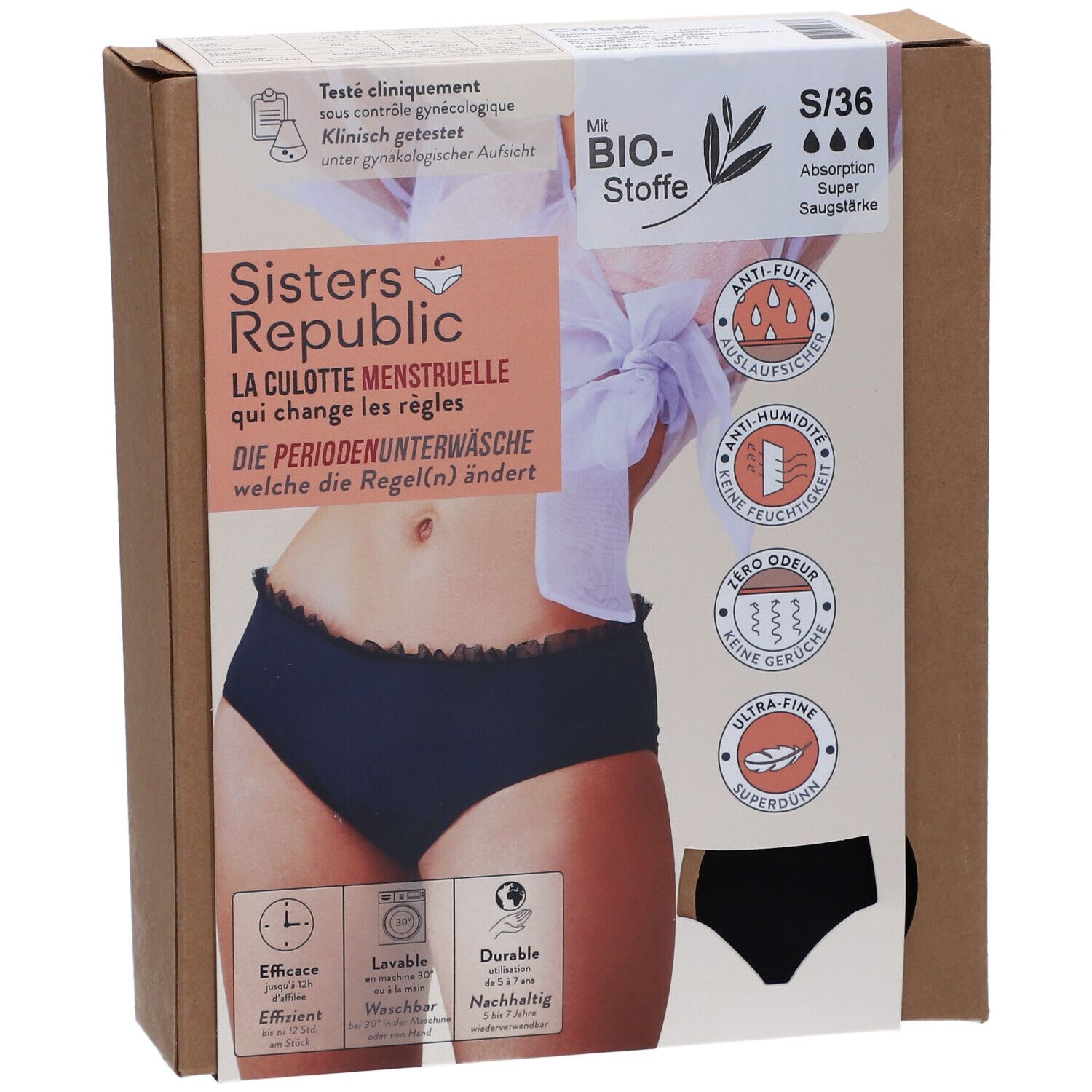 Culotte menstruelle noire dans son emballage. Marque: Sisters Republic. Taille S/36. Indications: anti-fuite, respirant, sans odeur.