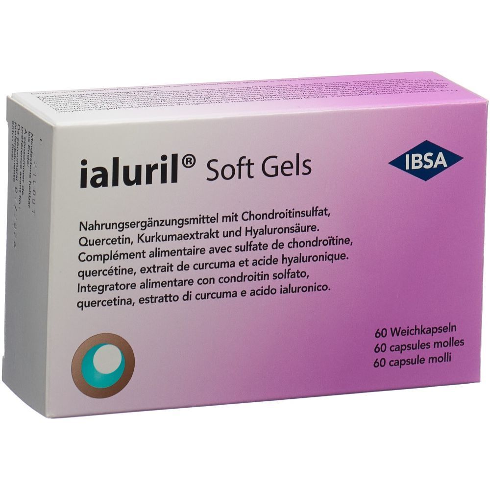 Verpackung von Ialuril Soft Gels. Weiß-lila Schachtel mit Produktnamen und Inhaltsstoffen. 60 Weichkapseln.