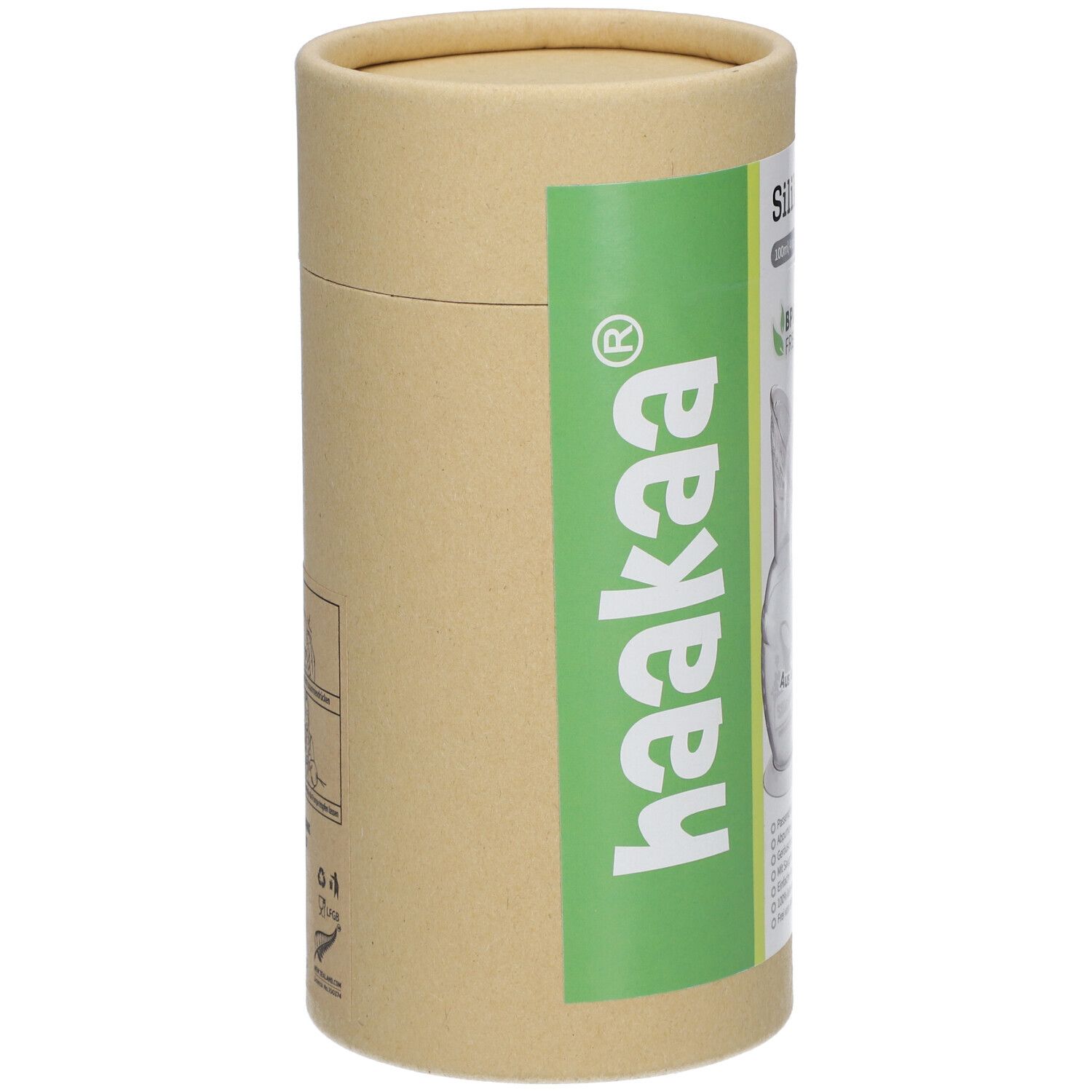 Haakaa Silikon-Milchpumpe Gen. 2 in Pappröhre. BPA-frei, mit Abbildungen zur Anwendung und Herkunftsangaben.