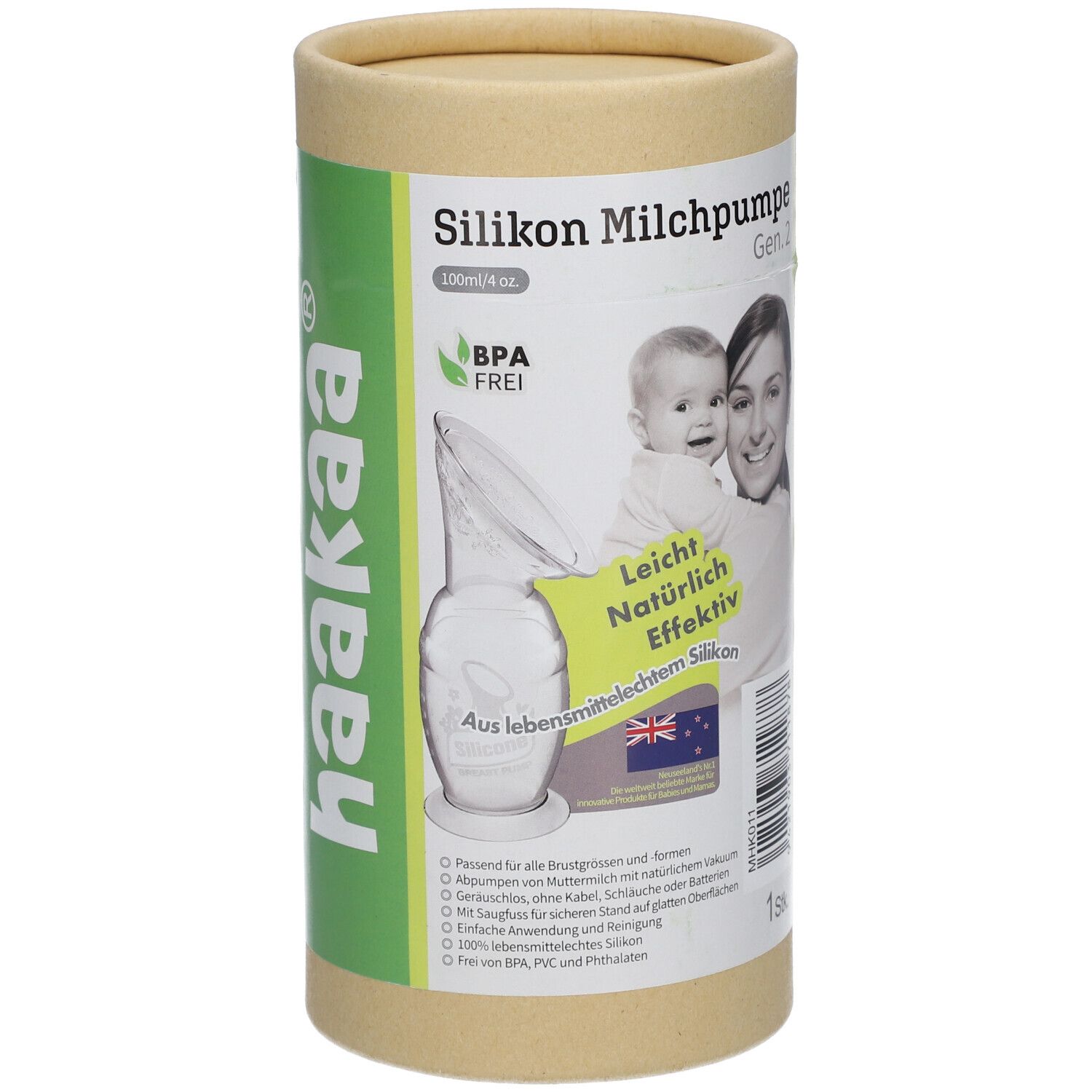 Haakaa Milchpumpe Gen. 2 aus Silikon in Pappverpackung.