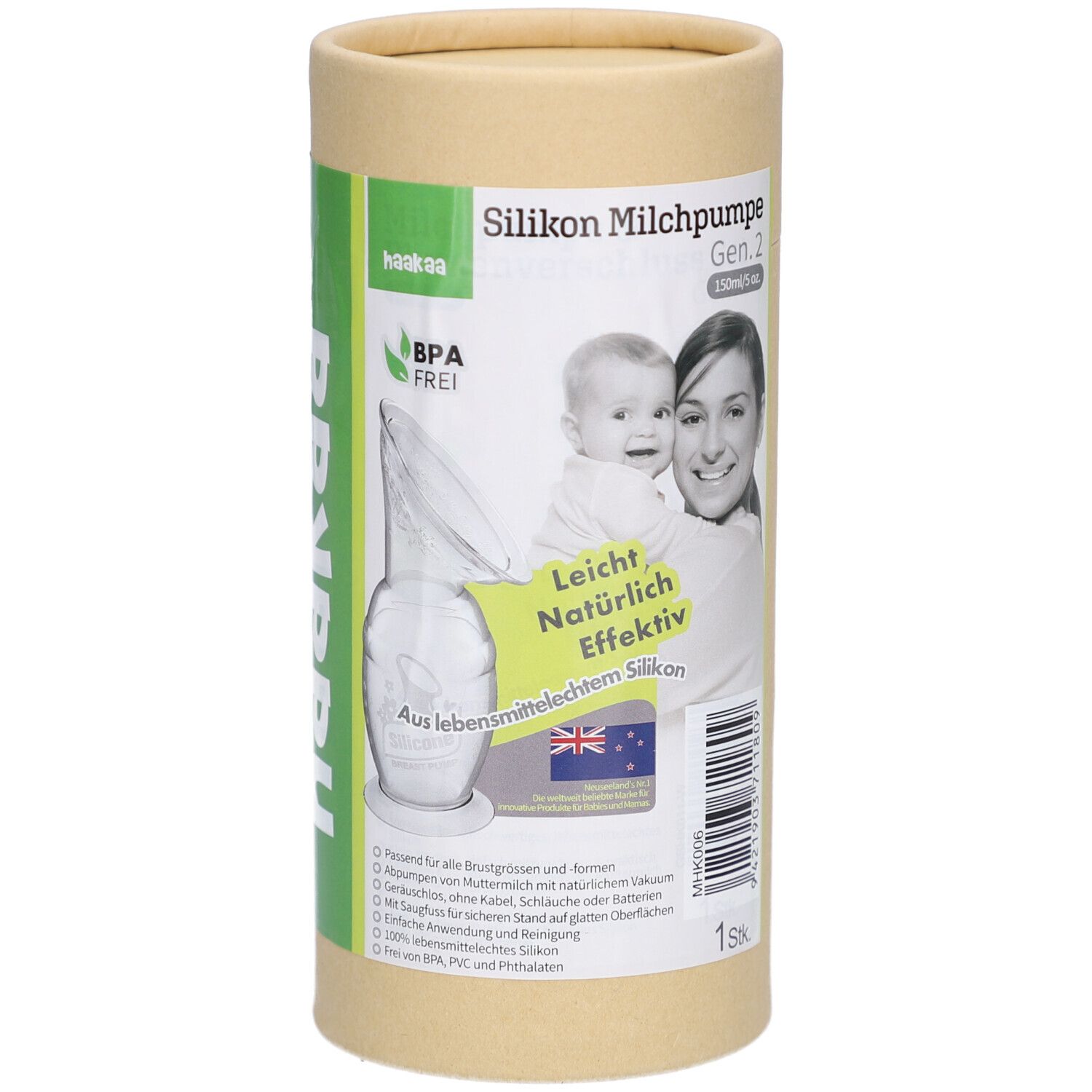 Zylindrische Verpackung. Aufdruck: Silikon Milchpumpe, BPA-frei, Baby und Frau, Produktabbildung, Text. Grün-weißer Aufkleber mit Produktinformationen.