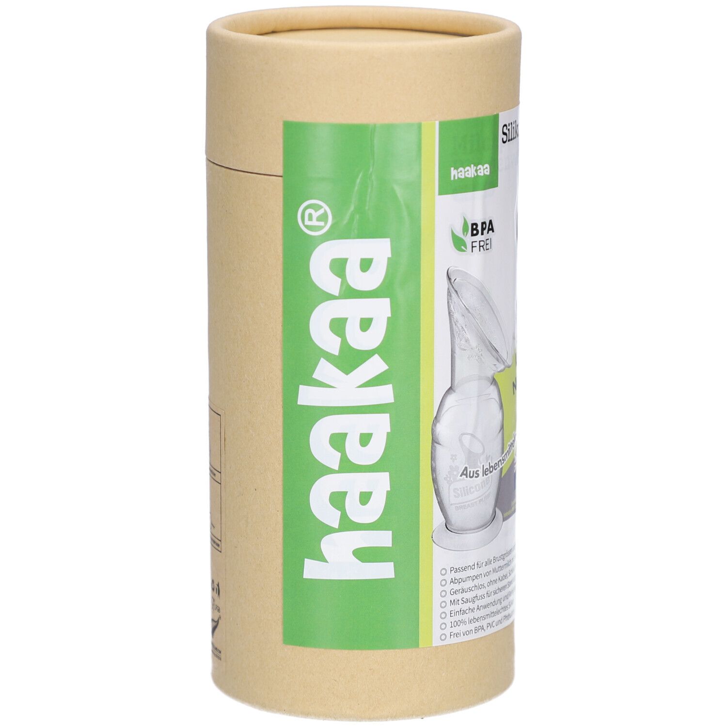 Zylindrische Verpackung. Aufdruck: Haakaa Logo, BPA-frei. Produktabbildung. Grün-weißer Aufkleber mit Produktinformationen.