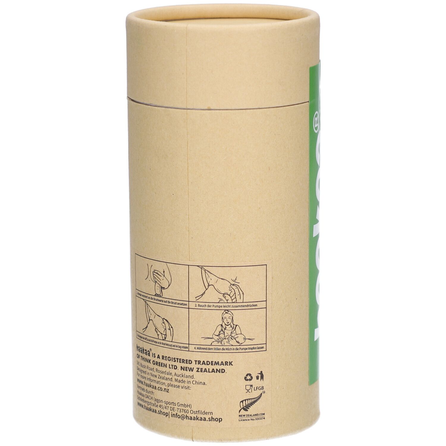 Zylindrische Verpackung. Rückseite mit Piktogrammen und Text. Haakaa Logo und Kontaktinformationen. Beige und grüne Farbgebung.