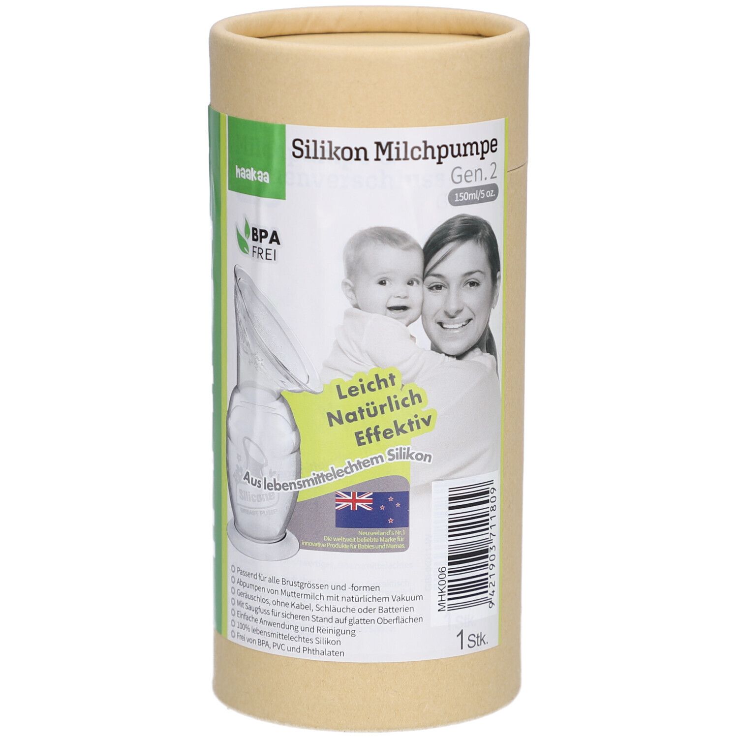 Zylindrische Verpackung. Aufdruck: Silikon Milchpumpe, BPA-frei, Baby und Frau, Produktabbildung, Text. Grün-weißer Aufkleber mit Produktinformationen.