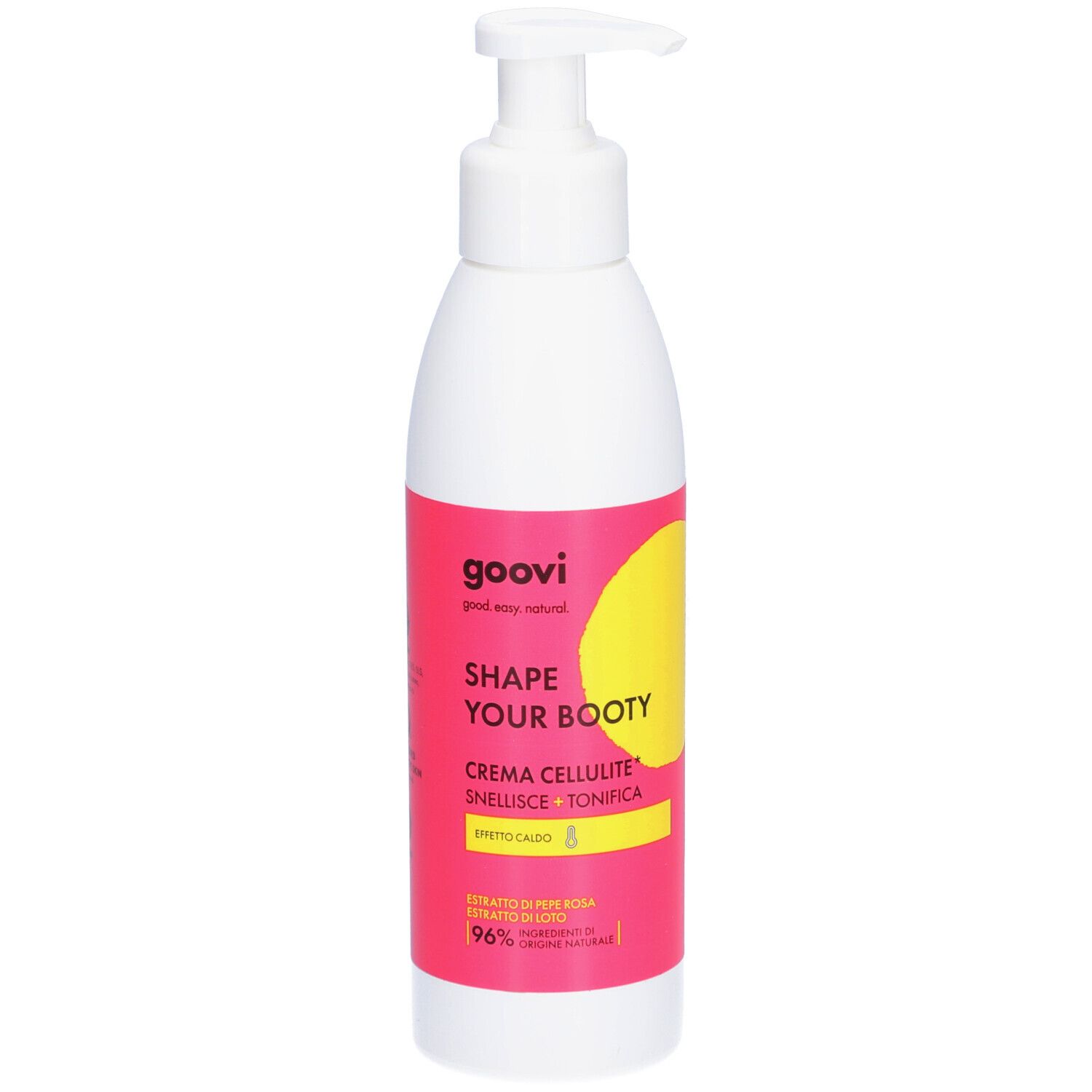 Flacon blanc avec pompe. Étiquette rose avec cercle jaune et texte: GOOVI, SHAPE YOUR BOOTY, Crème Cellulite. 96% ingrédients naturels.