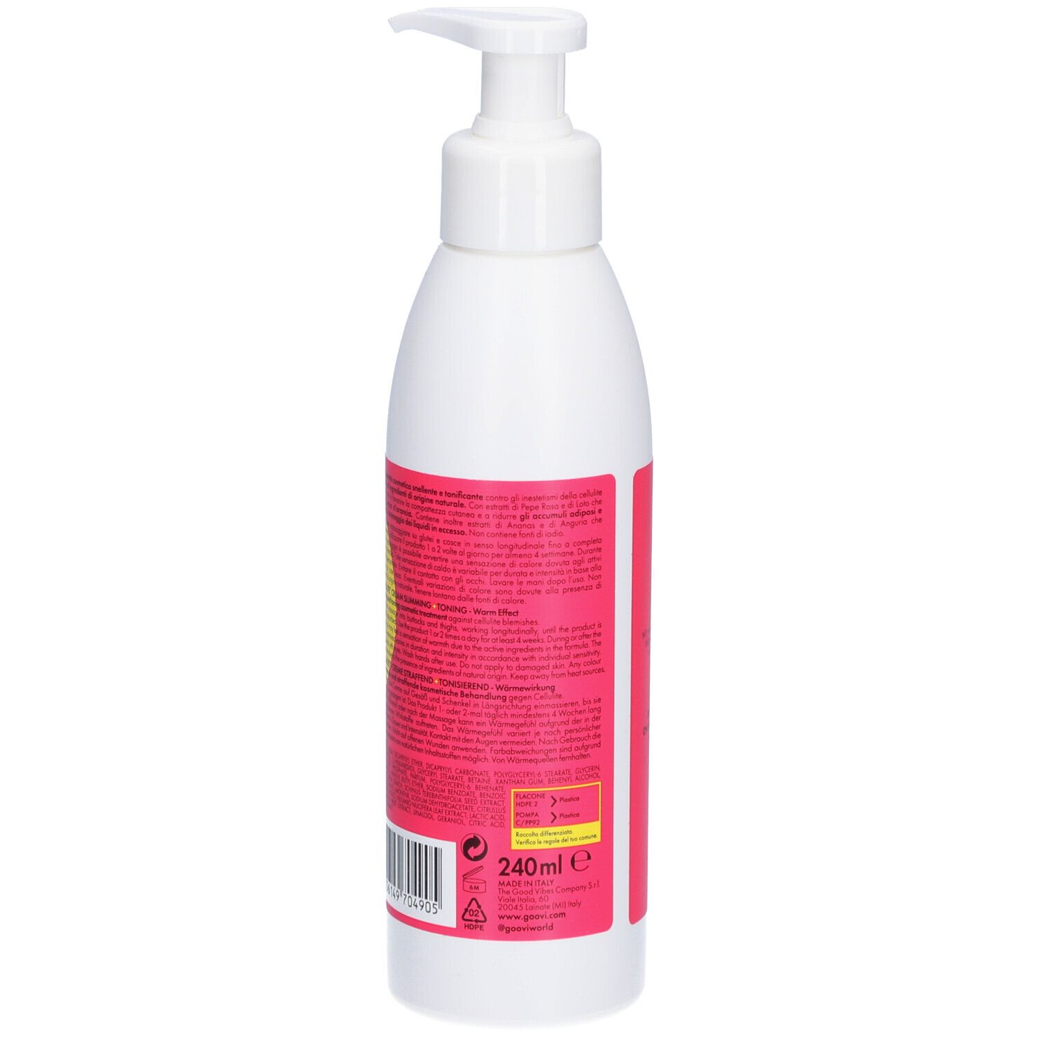 Flacon blanc avec pompe. Étiquette rose avec texte et code-barres. 240ml. Vue arrière.