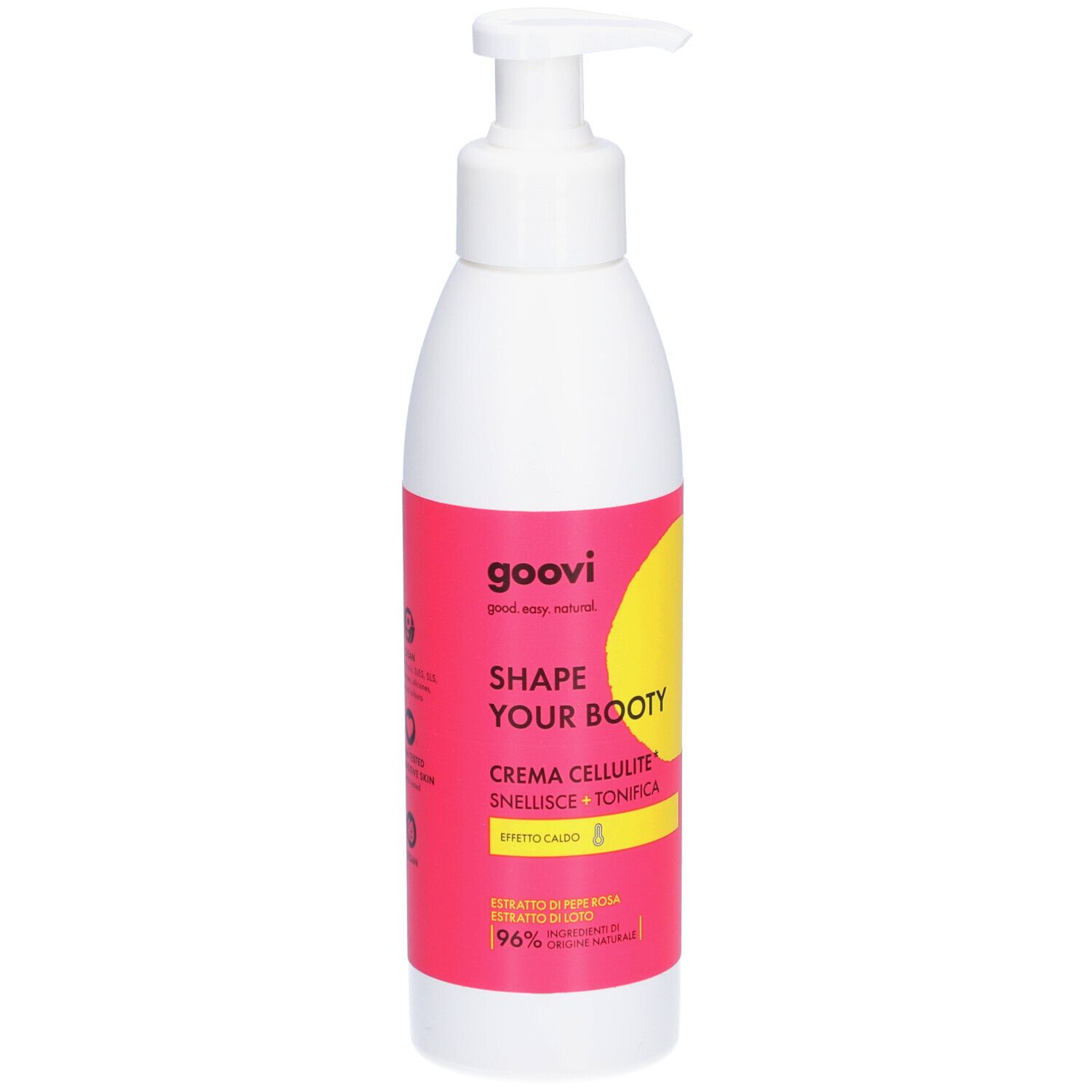 Flacon blanc avec pompe. Étiquette rose avec cercle jaune et texte: GOOVI, SHAPE YOUR BOOTY, Crème Cellulite. 96% ingrédients naturels.