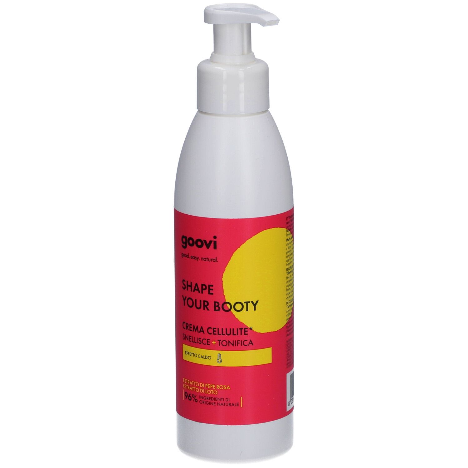 Flacon blanc avec pompe. Étiquette rose avec cercle jaune et texte: GOOVI, SHAPE YOUR BOOTY, Crème Cellulite. 96% ingrédients naturels.