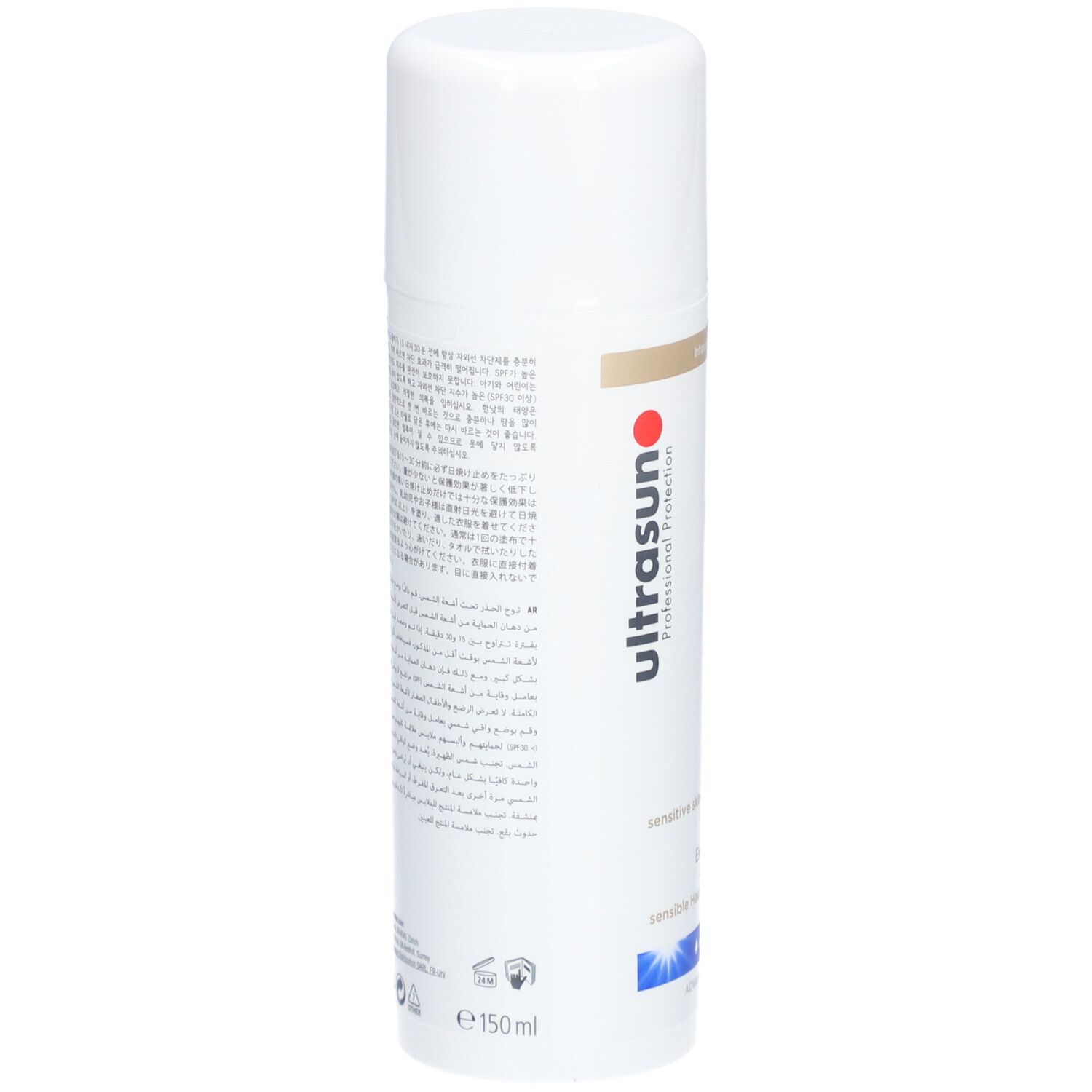 Weiße Flasche mit Text in verschiedenen Sprachen. Aufschrift: ultrasun Professional Protection. Volumen: 150 ml.