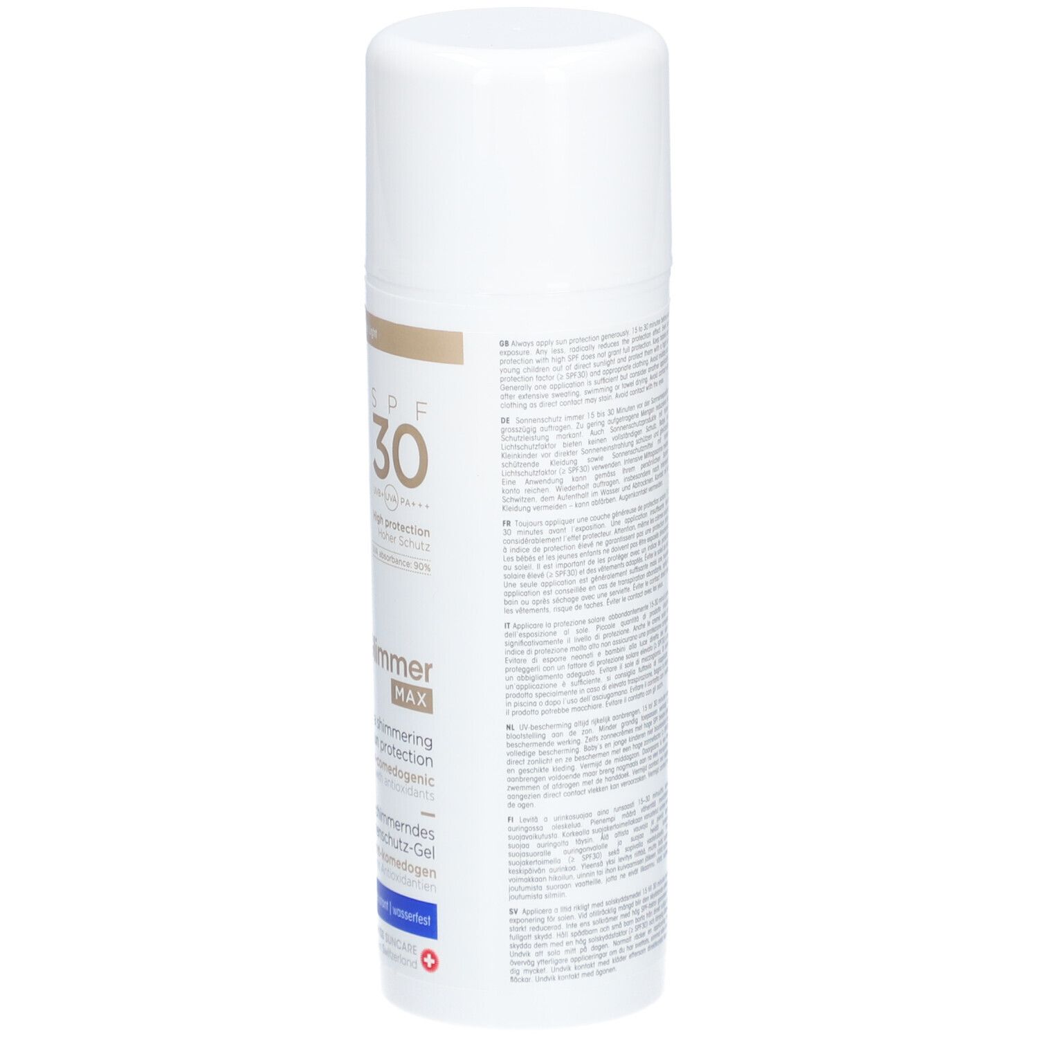 Weißes Sonnenschutzmittel mit Text und Aufschrift SPF 30. Produktname: Glimmer Max. Wasserfest.