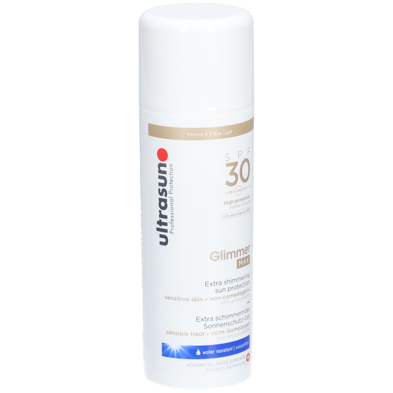 Weißes Sonnenschutzmittel mit Text und Aufschrift SPF 30. Produktname: Glimmer Max. Wasserfest.