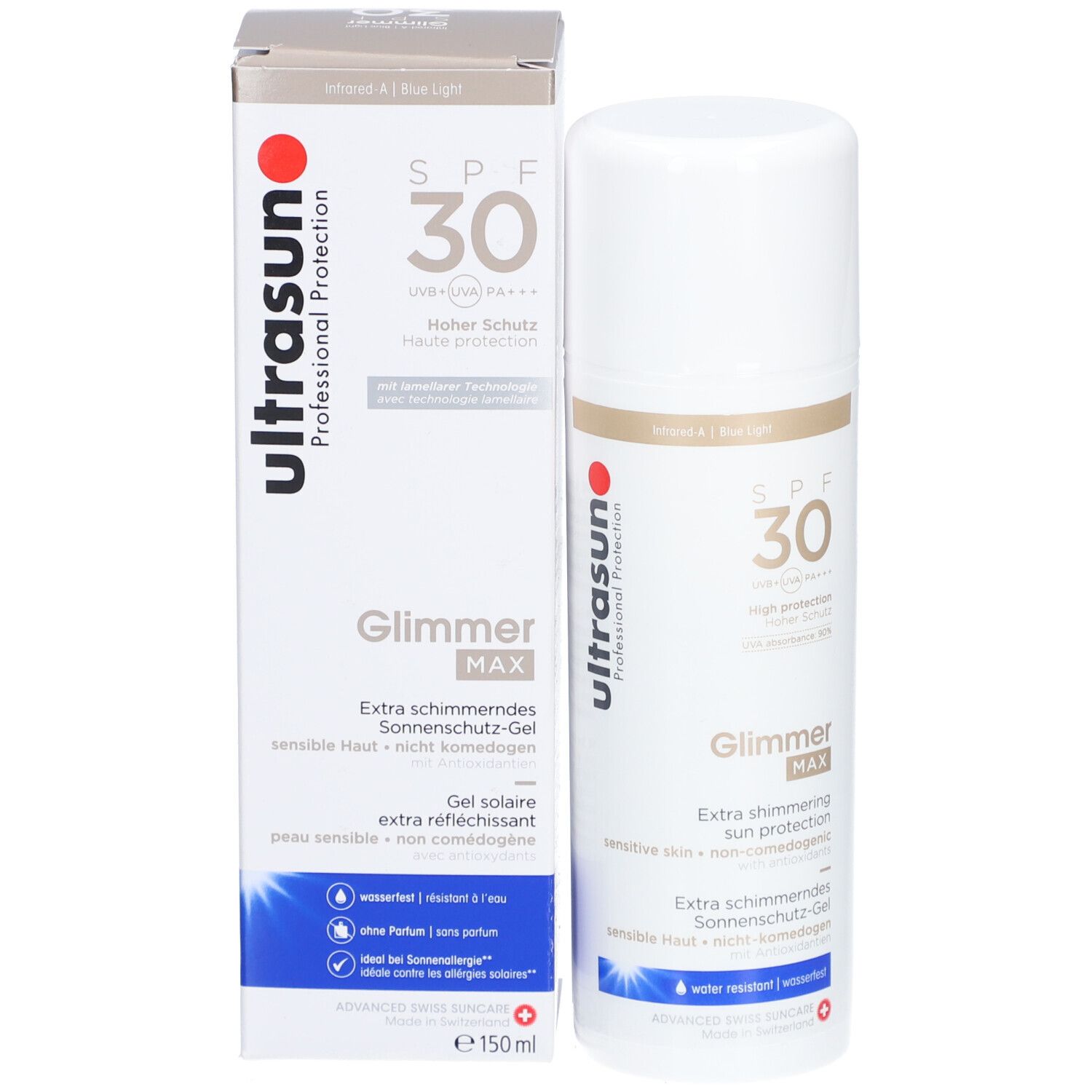Produktverpackung mit Sonnenschutzmittel und Aufschrift SPF 30. Produktname: Glimmer Max. Volumen: 150 ml.