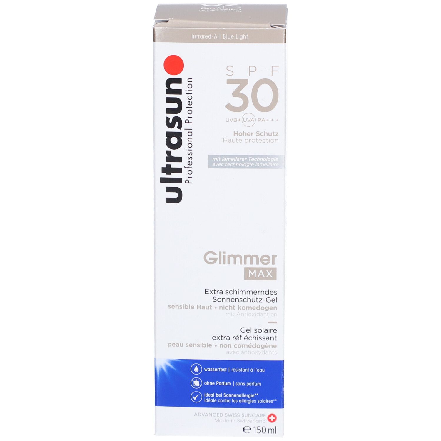 Produktverpackung mit Sonnenschutzmittel und Aufschrift SPF 30. Produktname: Glimmer Max. Volumen: 150 ml.