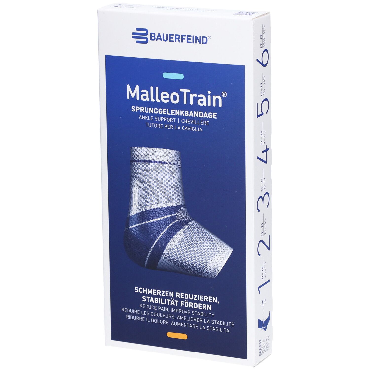 Bauerfeind MalleoTrain Sprunggelenkbandage in Verpackung. Beige, Größe 4. Text: Schmerzen reduzieren, Stabilität fördern.