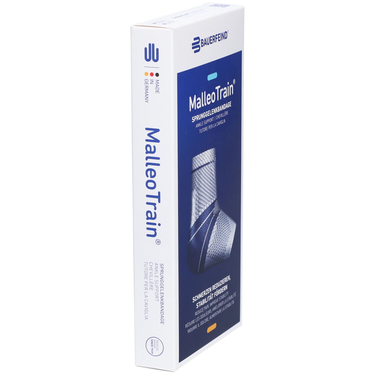 Bauerfeind MalleoTrain Sprunggelenkbandage Verpackung. Produktansicht von der Seite. Text: MalleoTrain, Made in Germany.