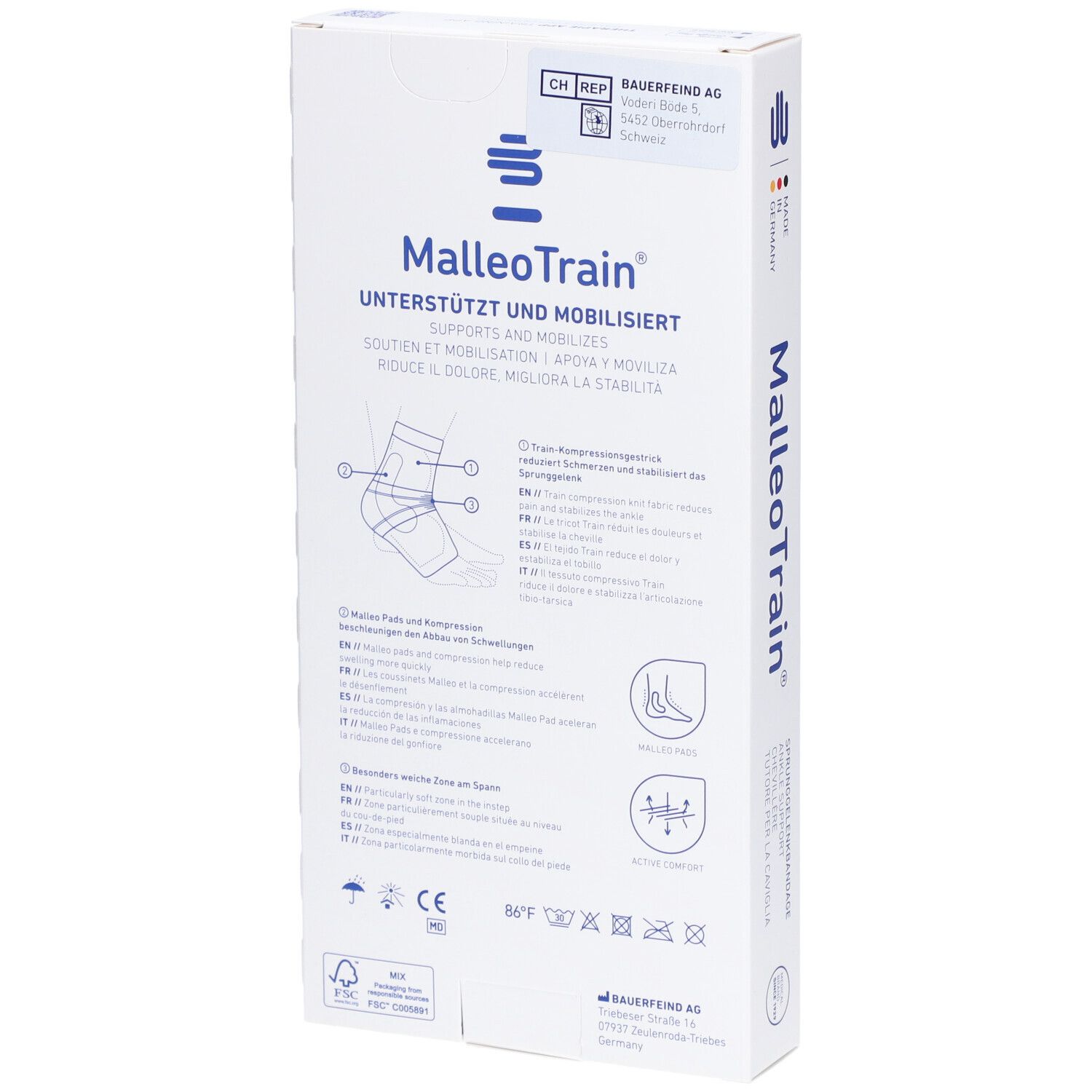 Rückseite der Bauerfeind MalleoTrain Verpackung. Text: Unterstützt und mobilisiert. Piktogramme: Fuß, Waschsymbole, CE-Zeichen.