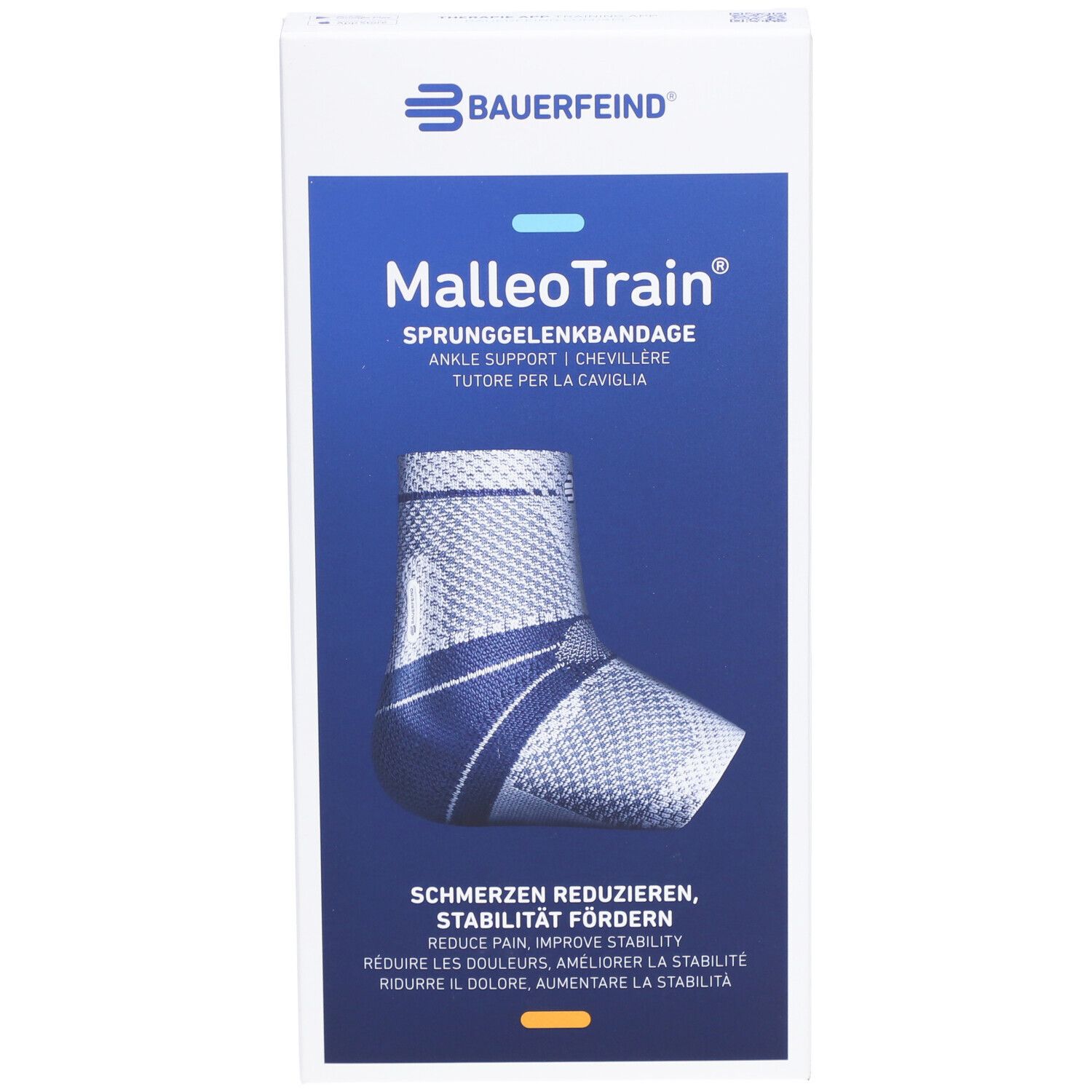 Bauerfeind MalleoTrain Sprunggelenkbandage in Verpackung. Beige. Text: Schmerzen reduzieren, Stabilität fördern.