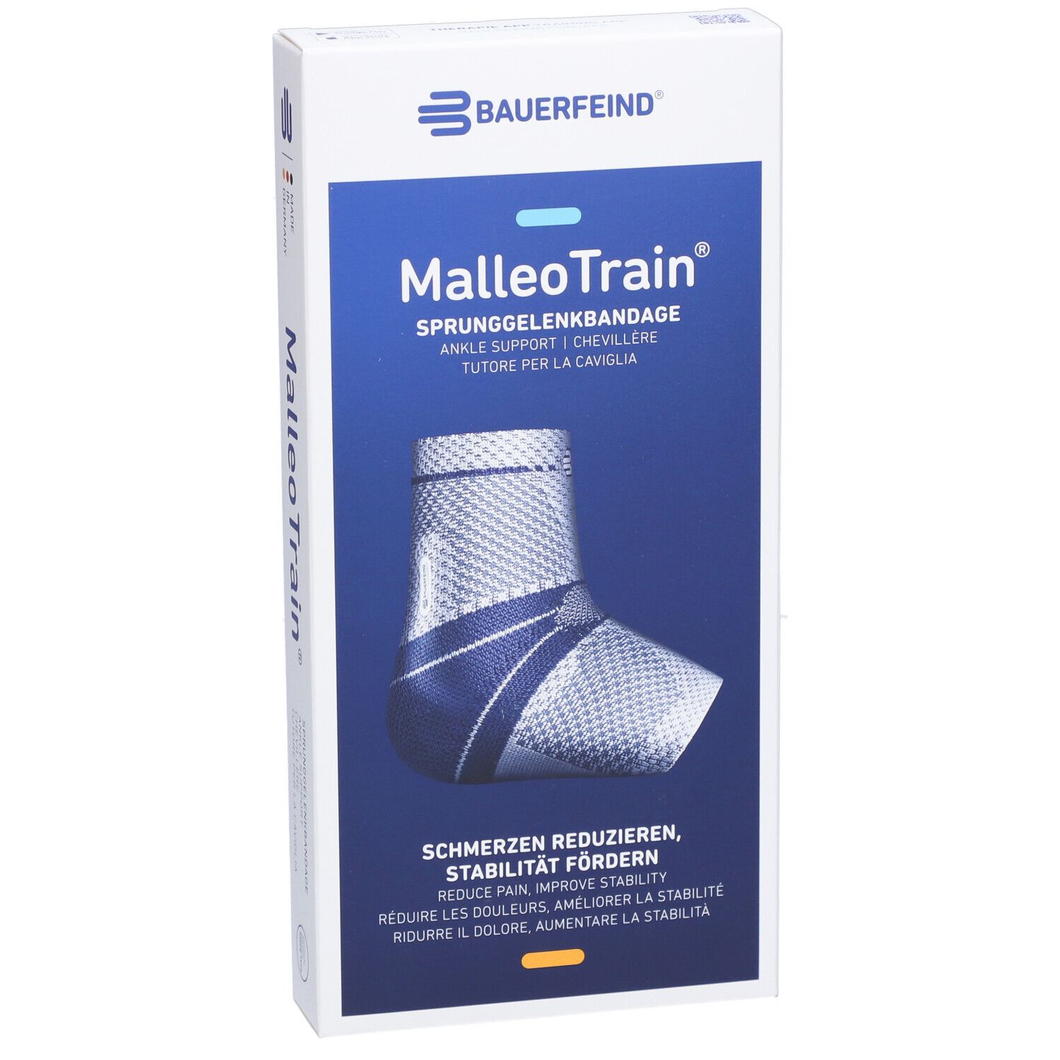 Bauerfeind MalleoTrain Sprunggelenkbandage in Verpackung. Beige. Text: Schmerzen reduzieren, Stabilität fördern.