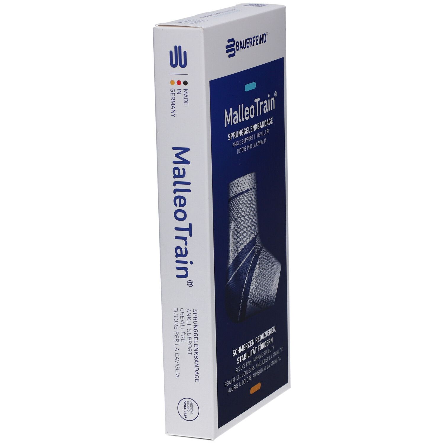 Schrägansicht der MalleoTrain Verpackung. Markenname, Produktname und Logo Bauerfeind sind sichtbar.