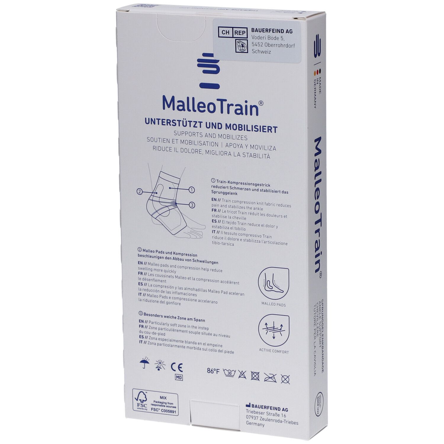 Rückseite der MalleoTrain Verpackung. Produktinformationen, Piktogramme und CE-Kennzeichnung.
