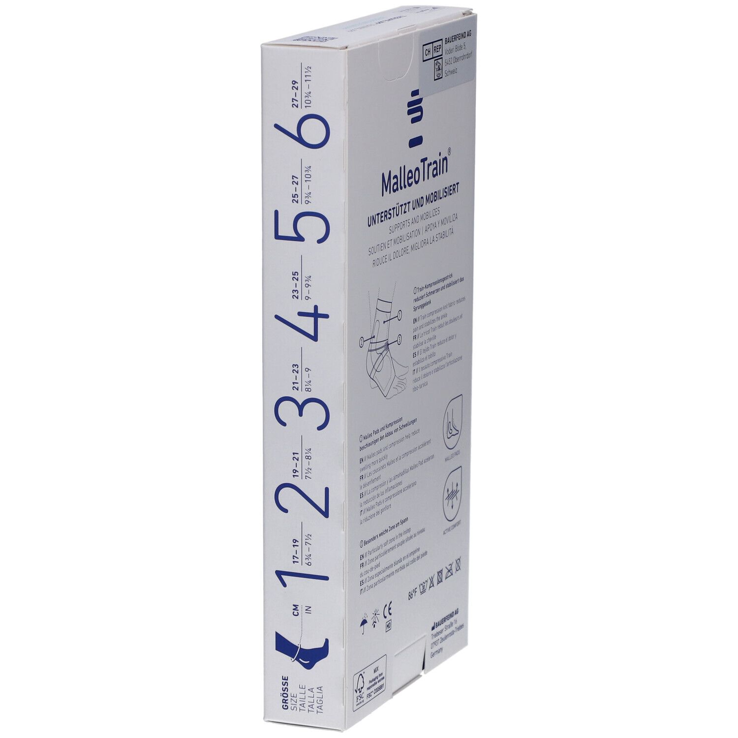 Seite der MalleoTrain Verpackung mit Größenangaben. Größen 1-6 und Größenangaben in cm.